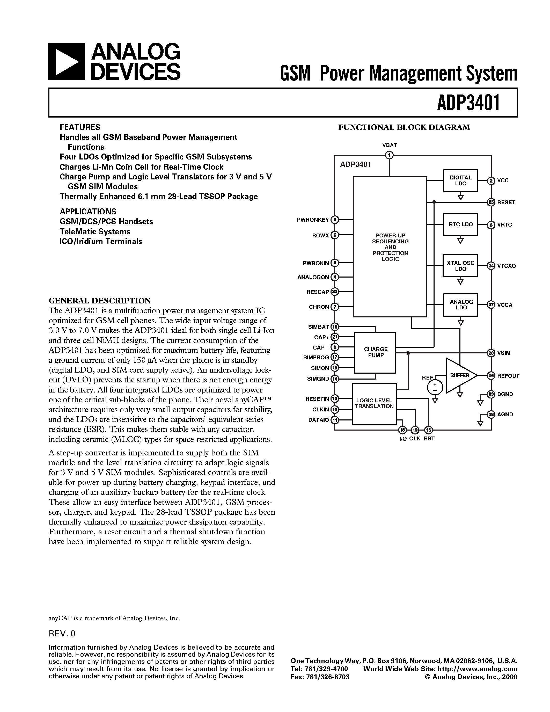 Даташит ADP3401 - GSM Power Management System страница 1