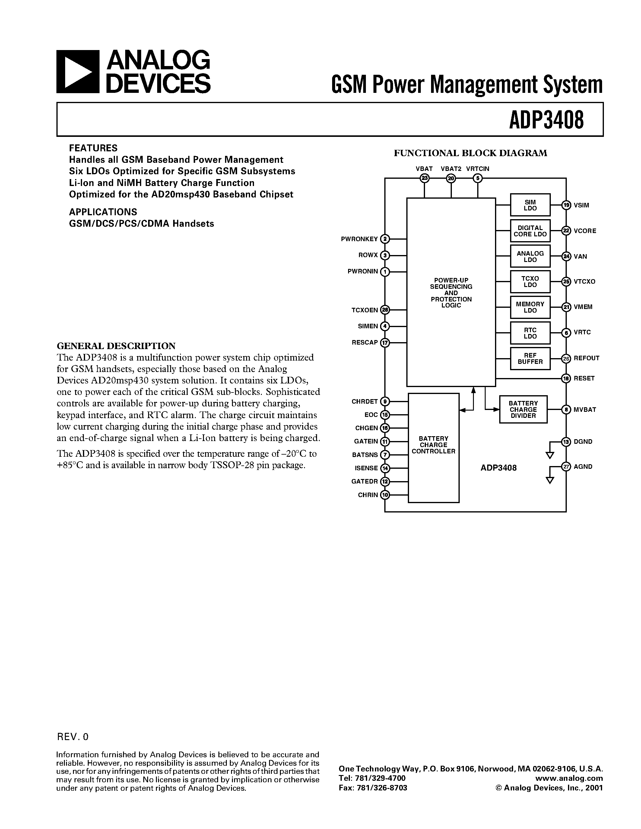 Даташит ADP3408 - GSM Power Management System страница 1