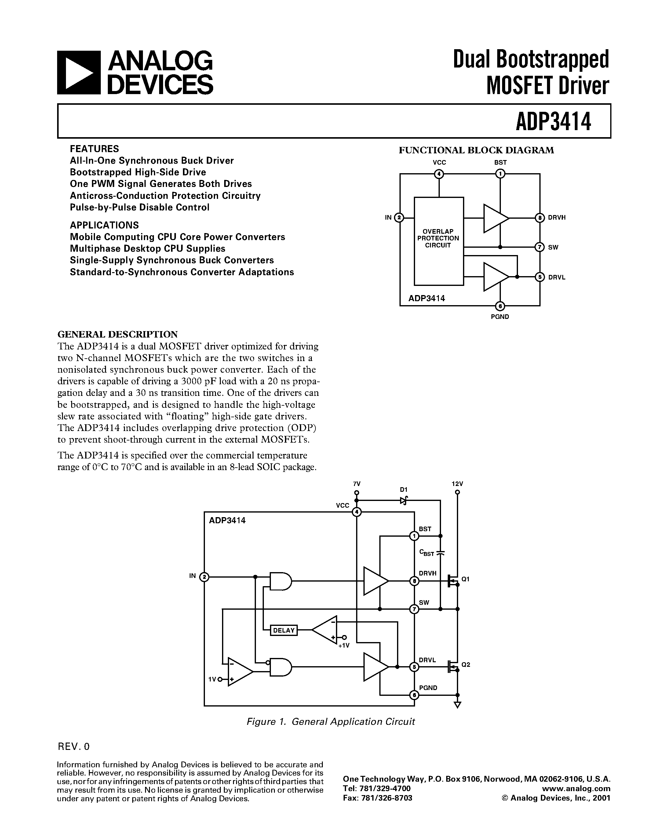 Даташит ADP3414JR - Dual Bootstrapped MOSFET Driver страница 1