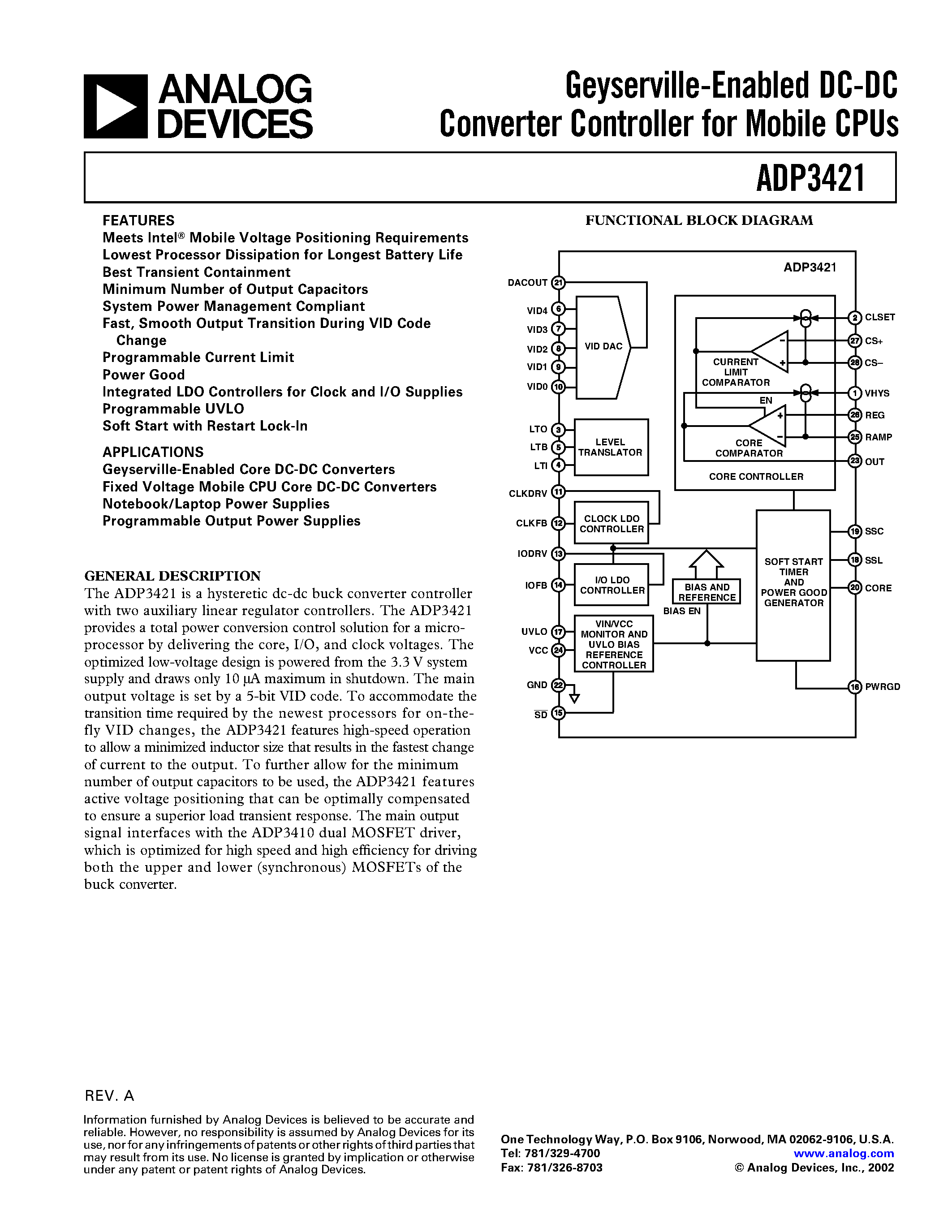 Даташит ADP3421 - Geyserville-Enabled DC-DC Converter Controller for Mobile CPUs страница 1