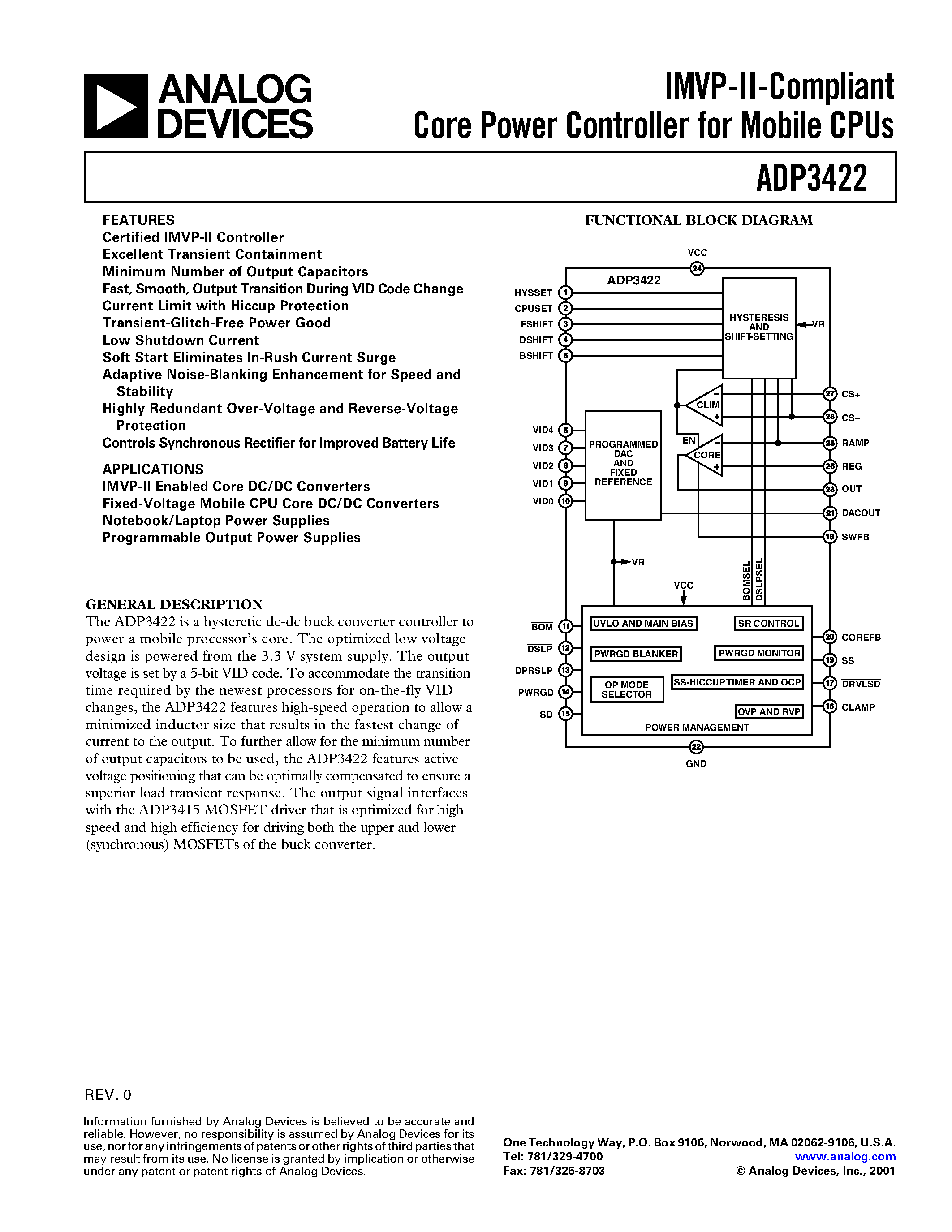 Даташит ADP3422JRU - IMVP-II-Compliant Core Power Controller for Mobile CPUs страница 1