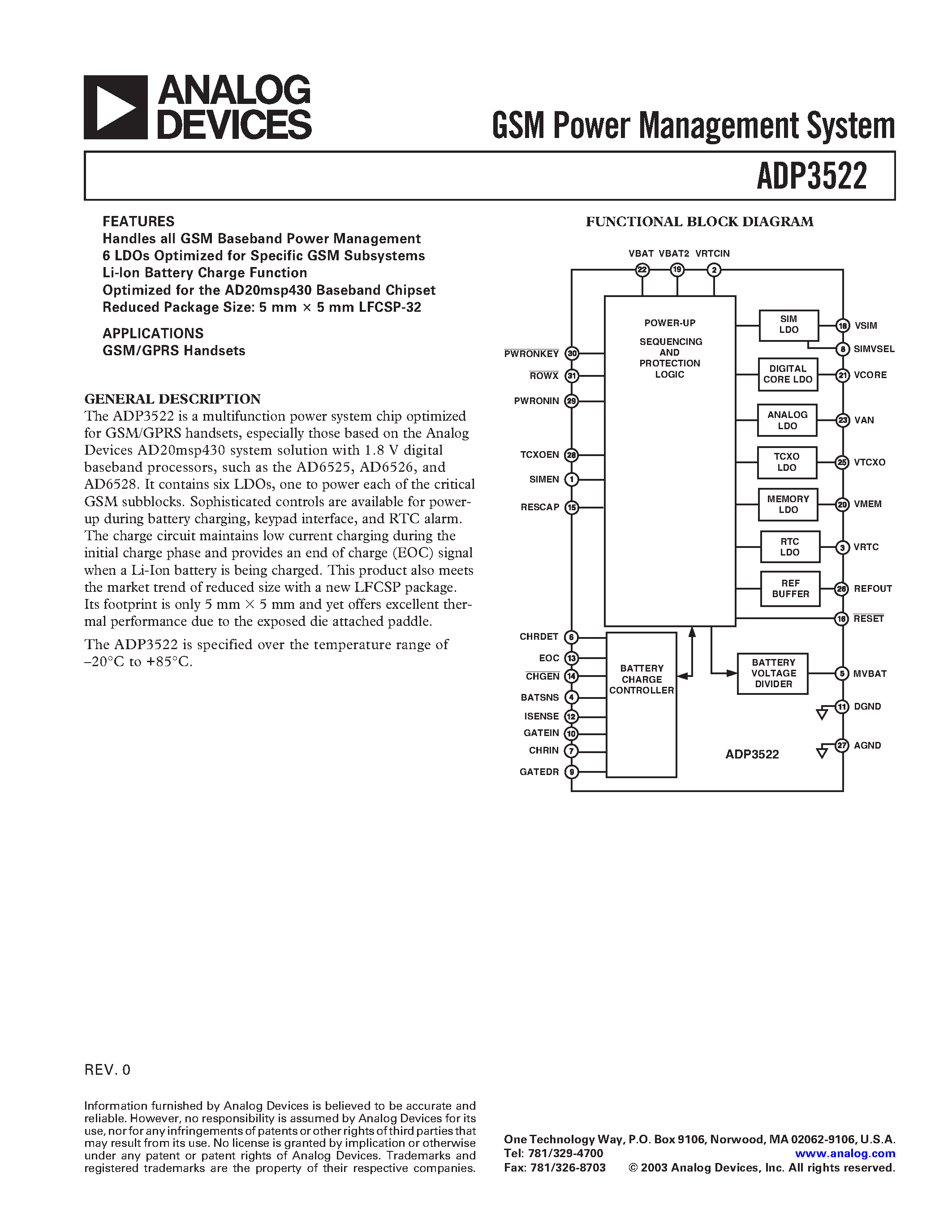 Даташит ADP3522ACP-3 - GSM Power Management System страница 1