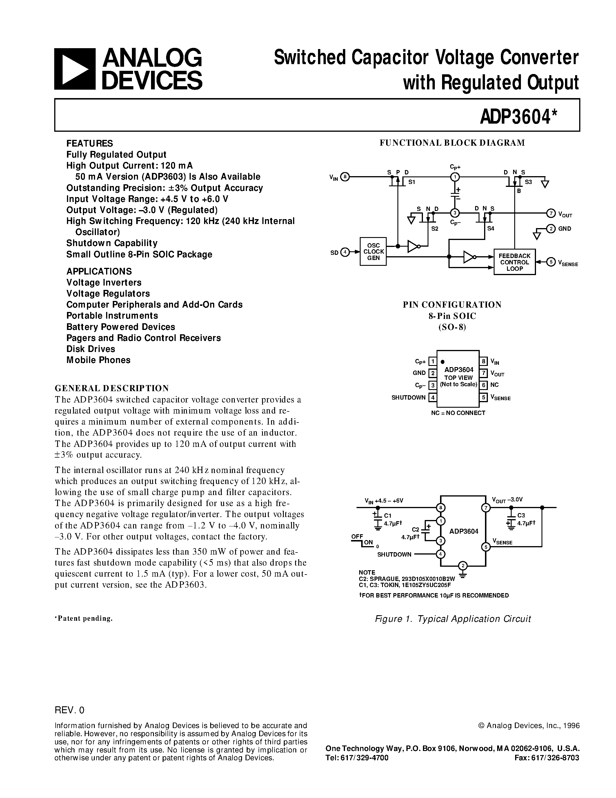 Даташит на микросхему ADP3604 страница 1 Даташит ADP3604 - Switched Capacitor Voltage Converter with Regulated Output страница 1