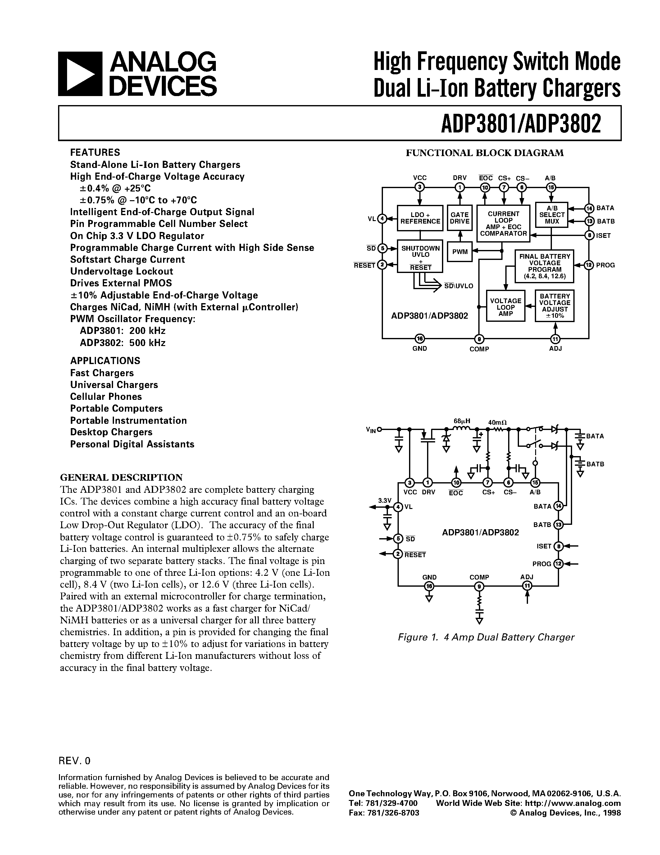 Даташит ADP3801AR - High Frequency Switch Mode Dual Li-Ion Battery Chargers страница 1