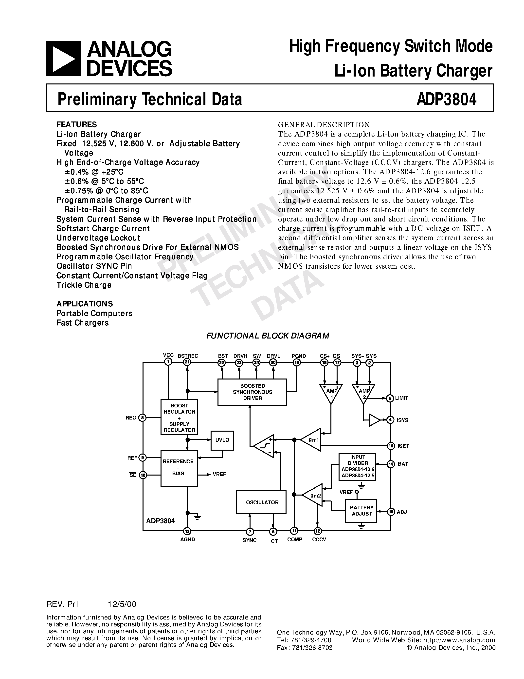 Даташит ADP3804JRU-125 - High Frequency Switch Mode Li-Ion Battery Charger страница 1