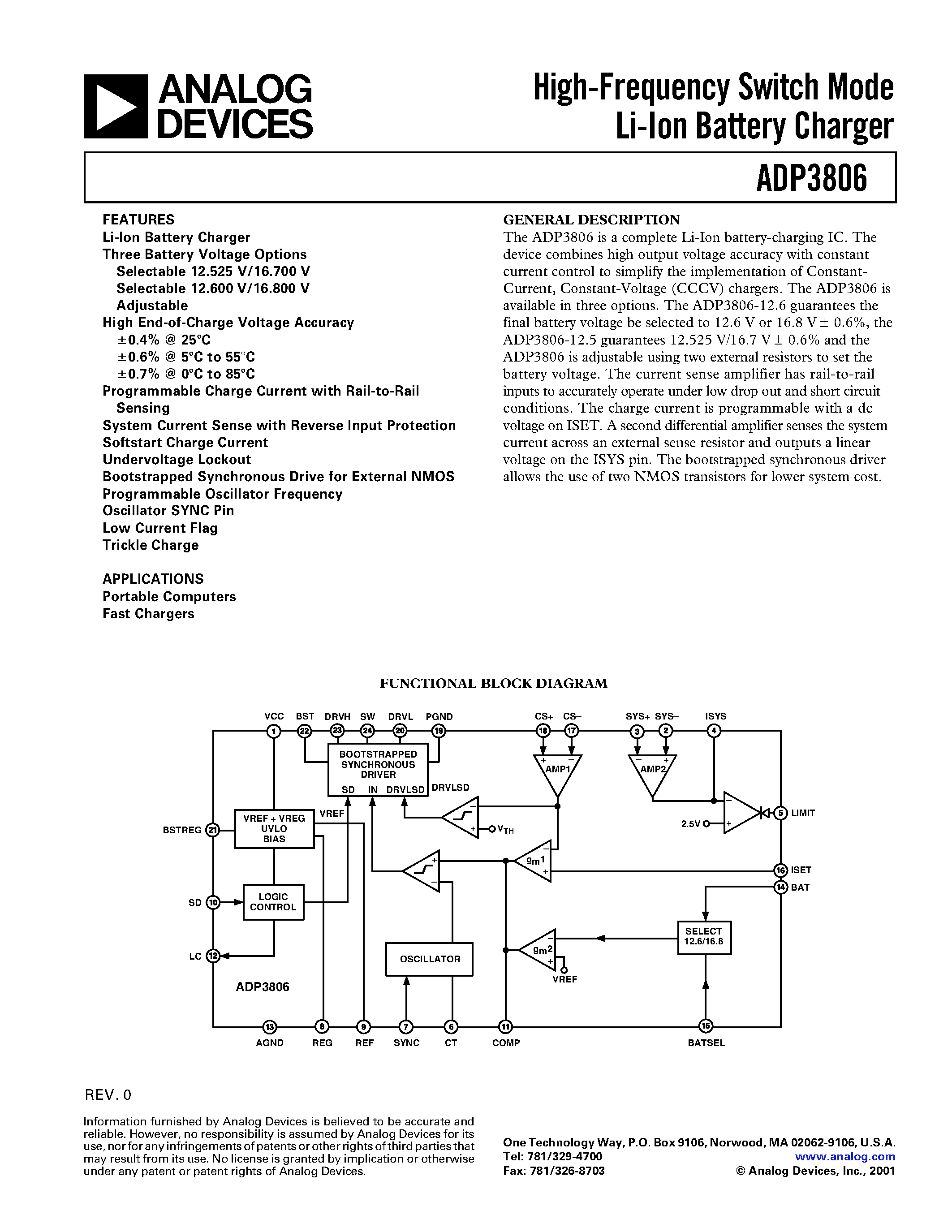 Даташит ADP3806 - High-Frequency Switch Mode Li-Ion Battery Charger страница 1