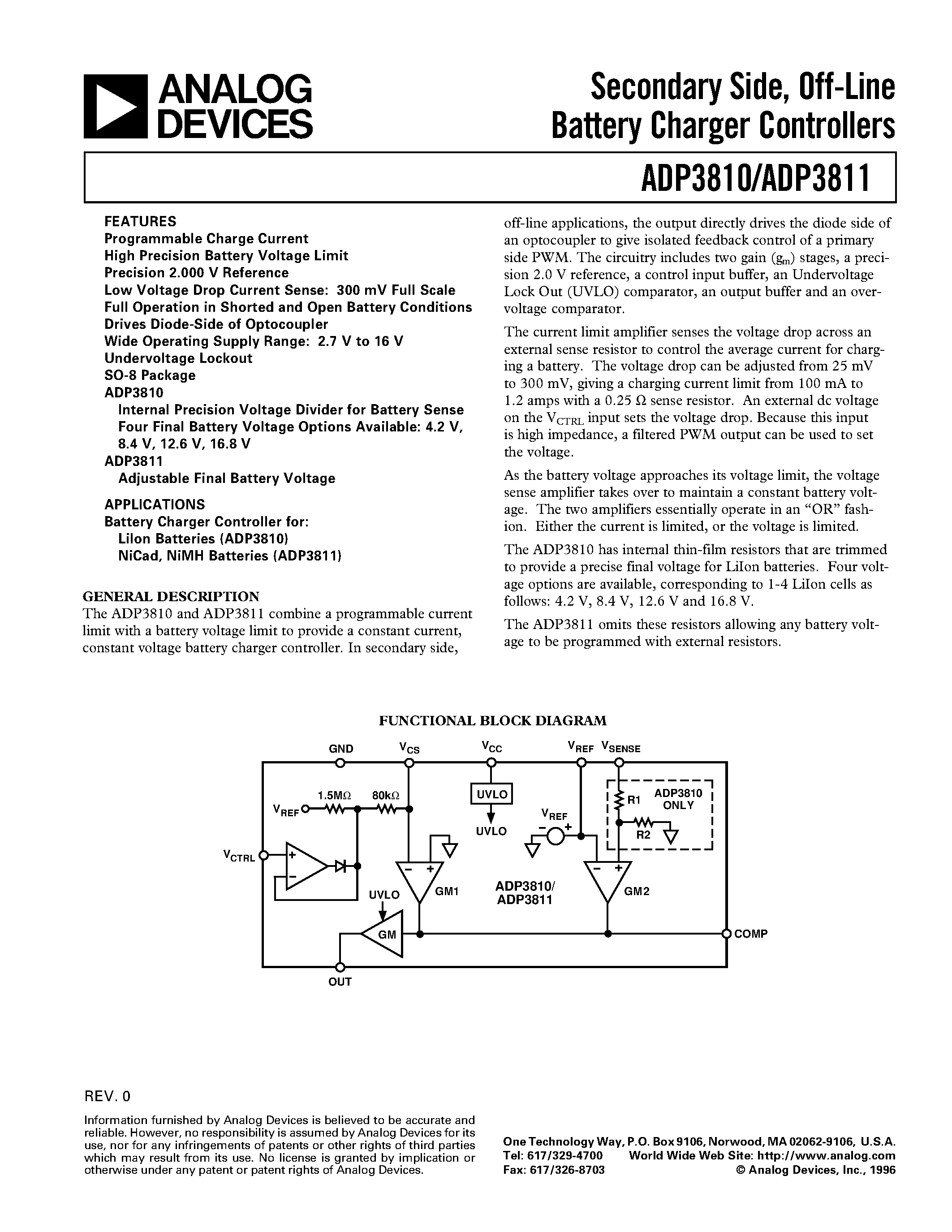 Даташит ADP3810AR-168 - Secondary Side/ Off-Line Battery Charger Controllers страница 1