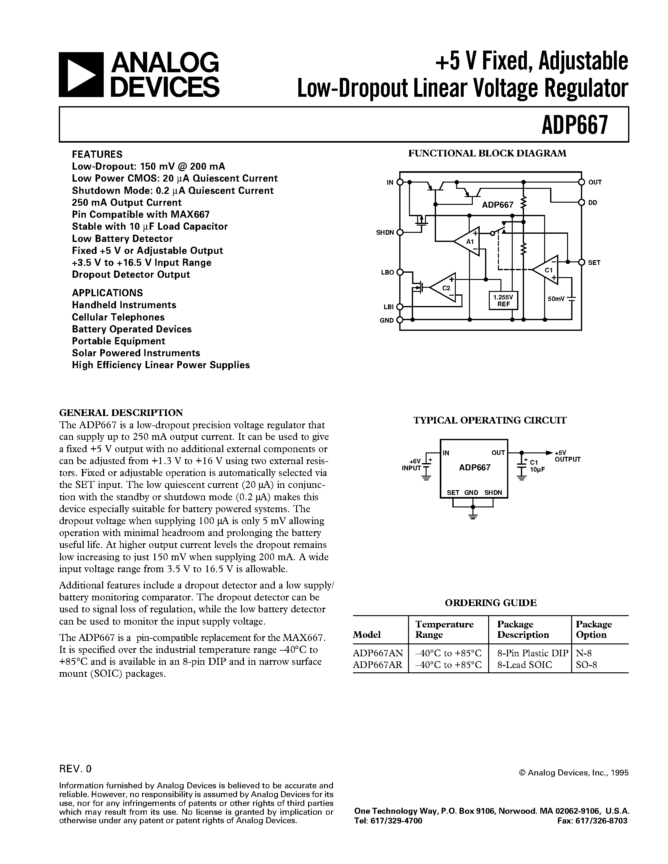 Даташит ADP667AR - +5 V Fixed/ Adjustable Low-Dropout Linear Voltage Regulator страница 1
