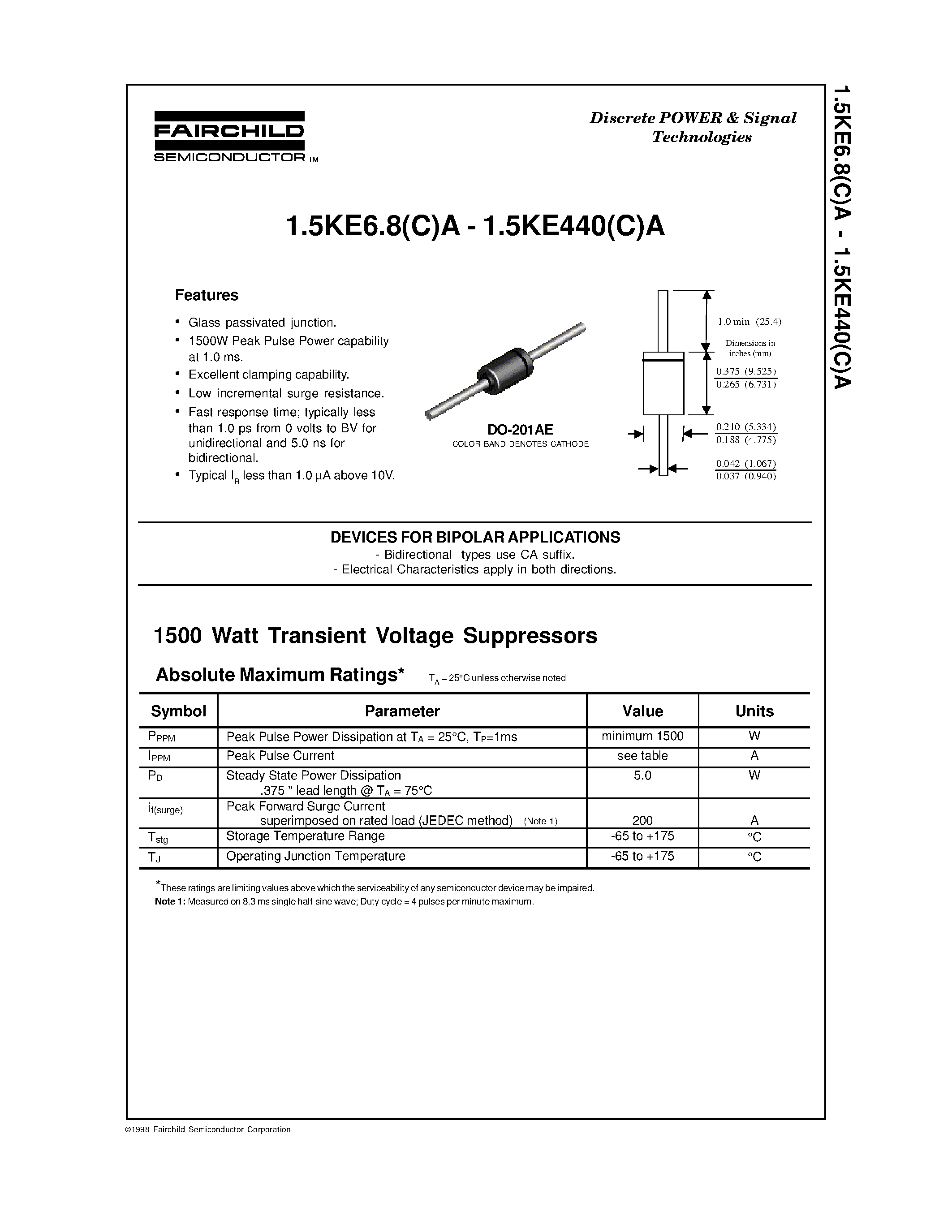 Datasheet 1.5KE11(C)A page 1 Datasheet 1.5KE11(C)A - Discrete POWER & Signal Technologies page 1