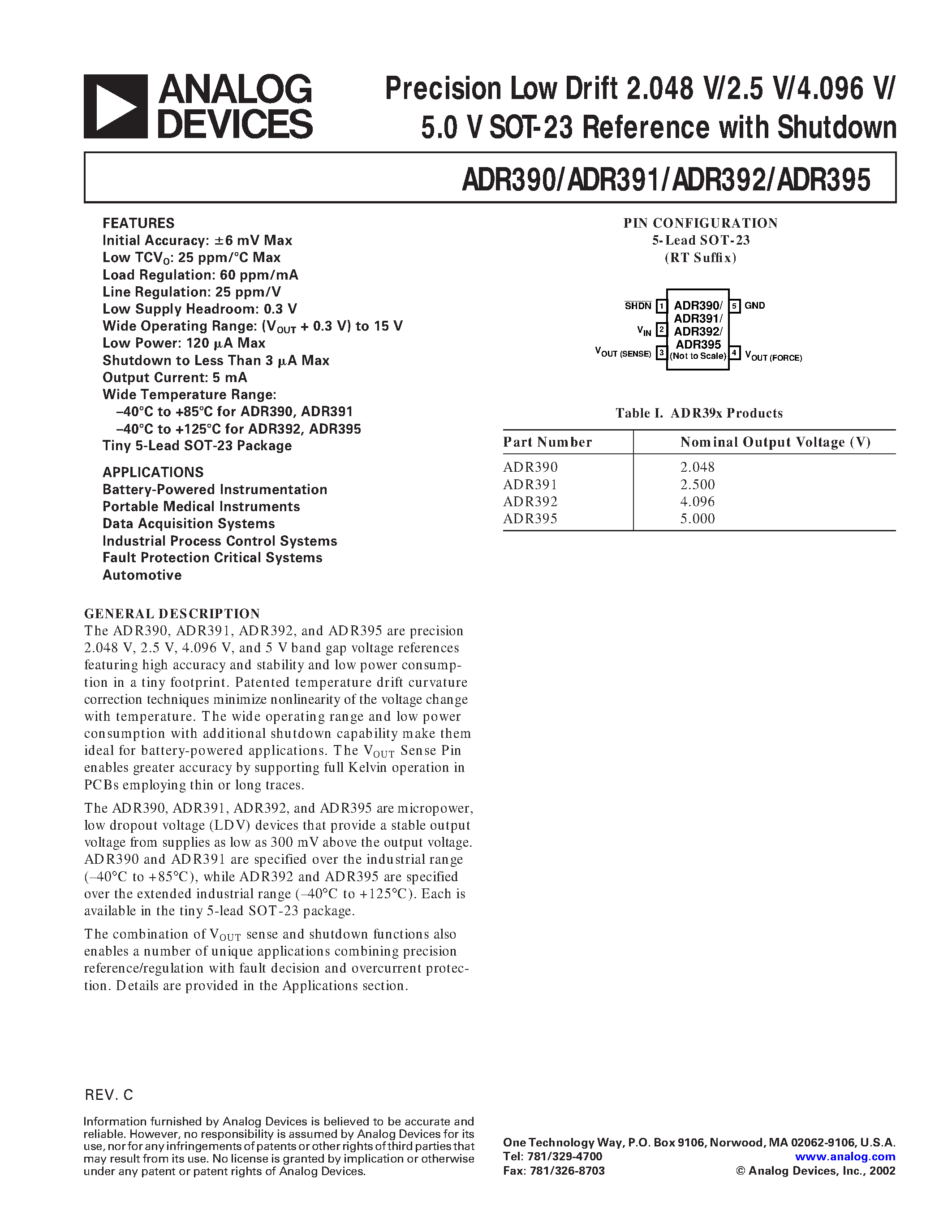 Datasheet ADR391ART-RL - Precision Low Drift 2.048 V/2.5 V/4.096 V/ 5.0 V SOT-23 Reference with Shutdown page 1