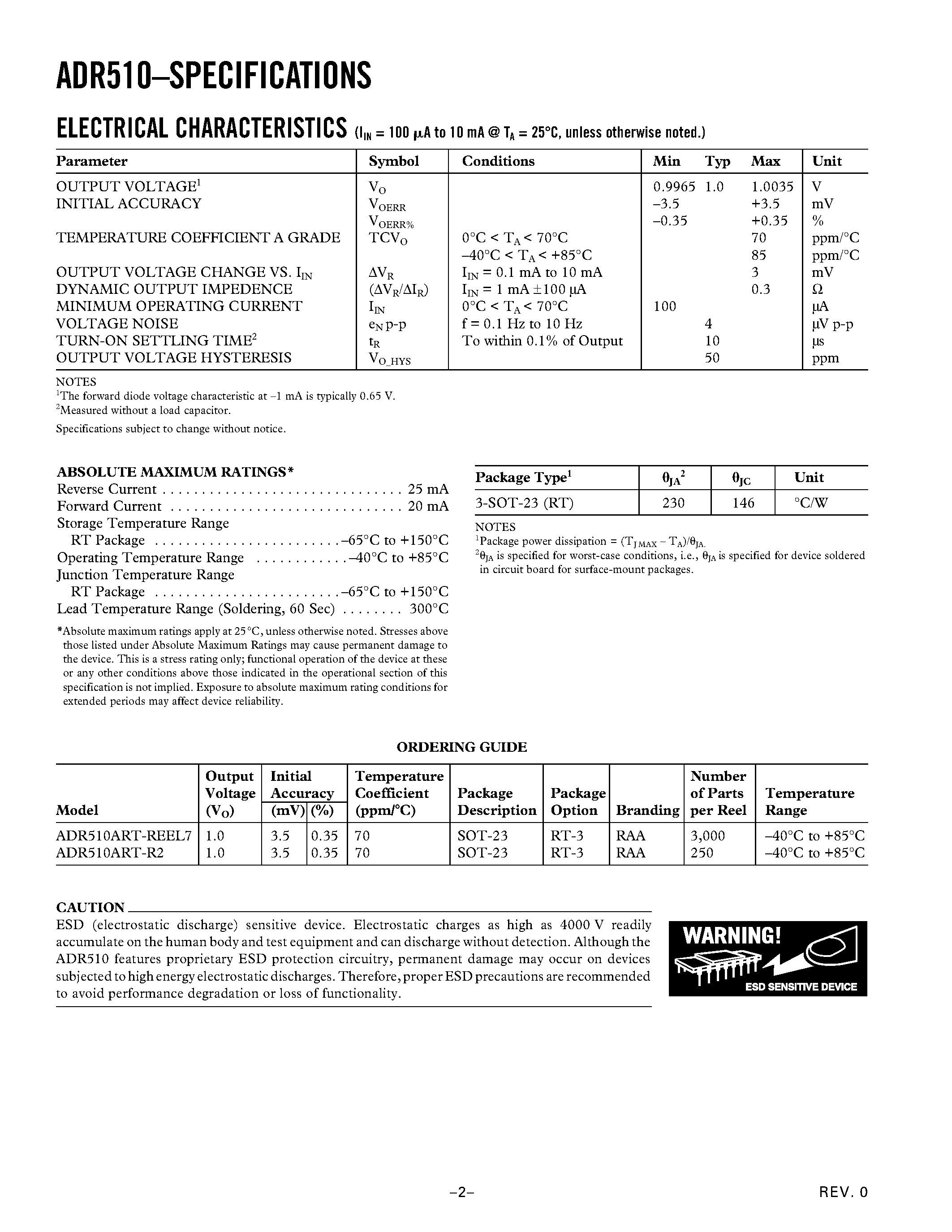 Datasheet ADR510ART-R2 - 1.0 V Precision Low Noise Shunt Voltage Reference page 2