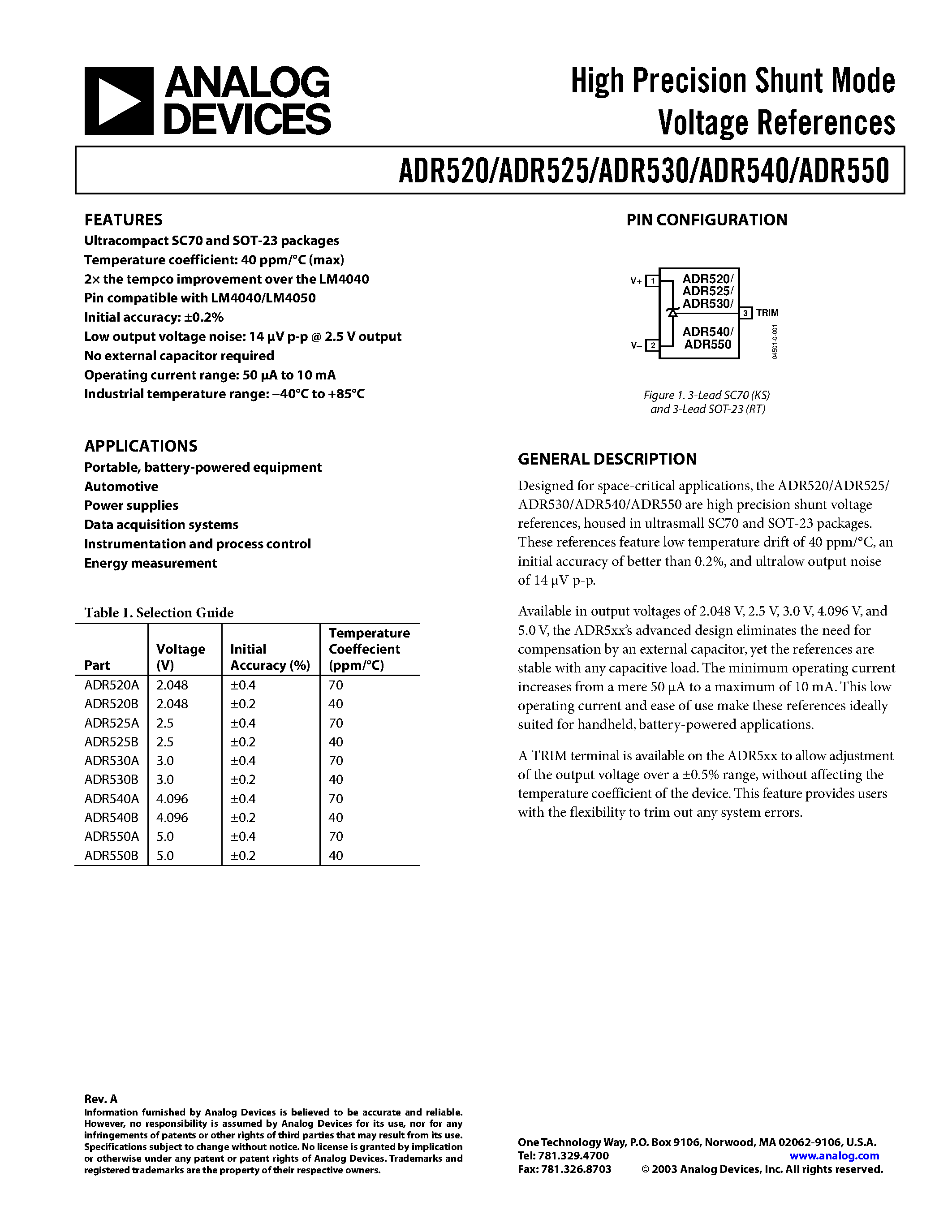 Даташит на микросхему ADR525ART-R2 страница 1 Даташит ADR525ART-R2 - High Precision Shunt Mode Voltage References страница 1