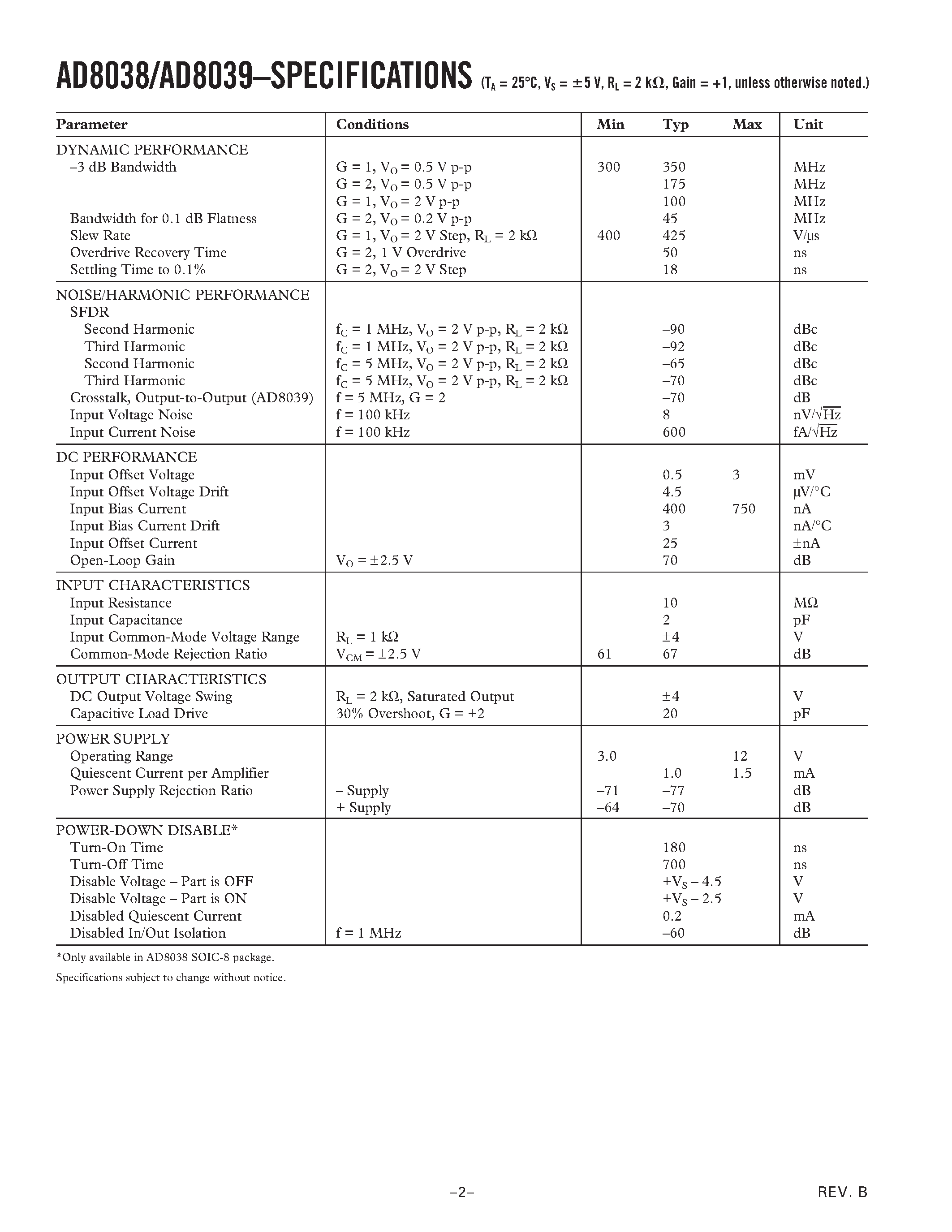 Datasheet AD8039AR-REEL7 page 2 Datasheet AD8039AR-REEL7 - Low Power 350 MHz Voltage Feedback Amplifiers page 2