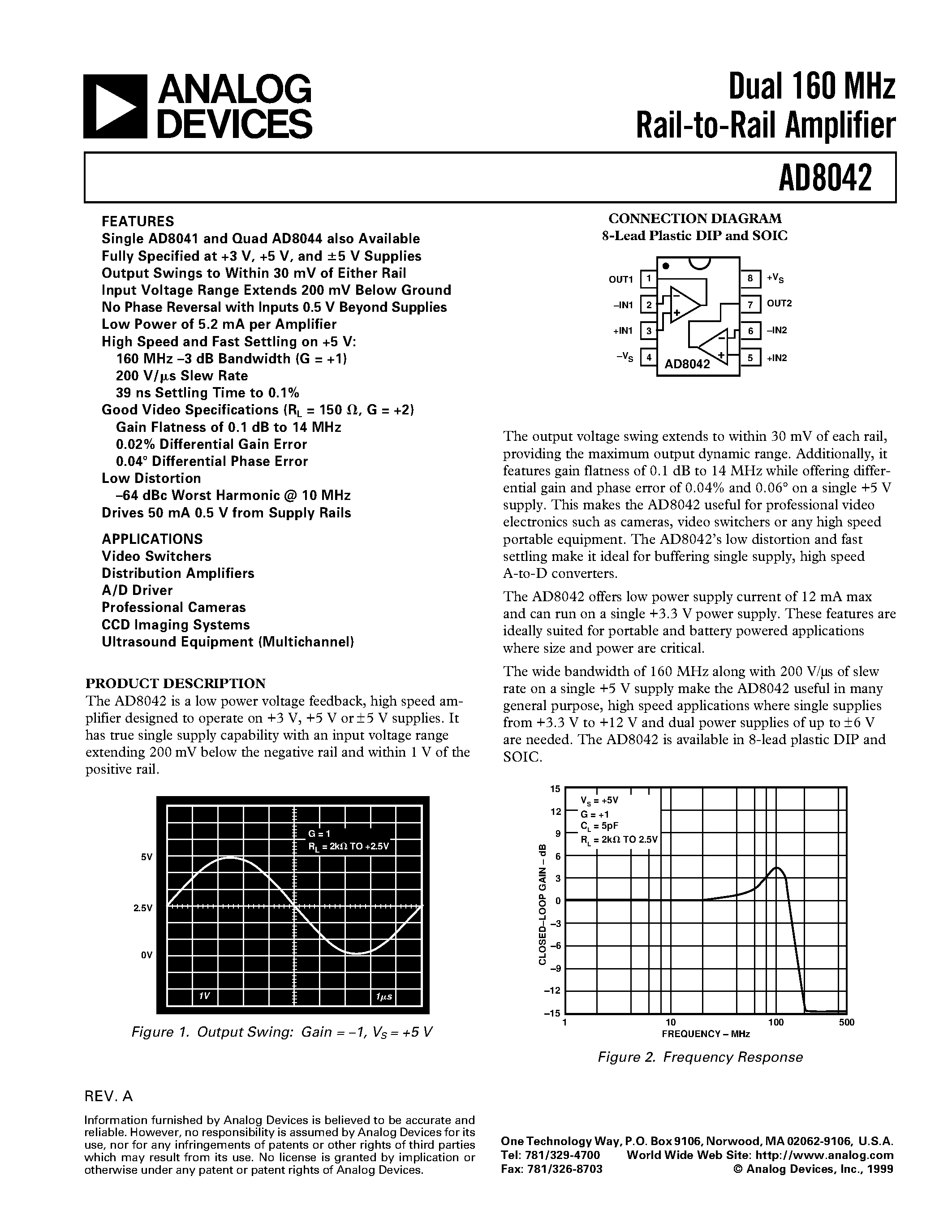 Datasheet AD8042ACHIPS page 1 Datasheet AD8042ACHIPS - Dual 160 MHz Rail-to-Rail Amplifier page 1