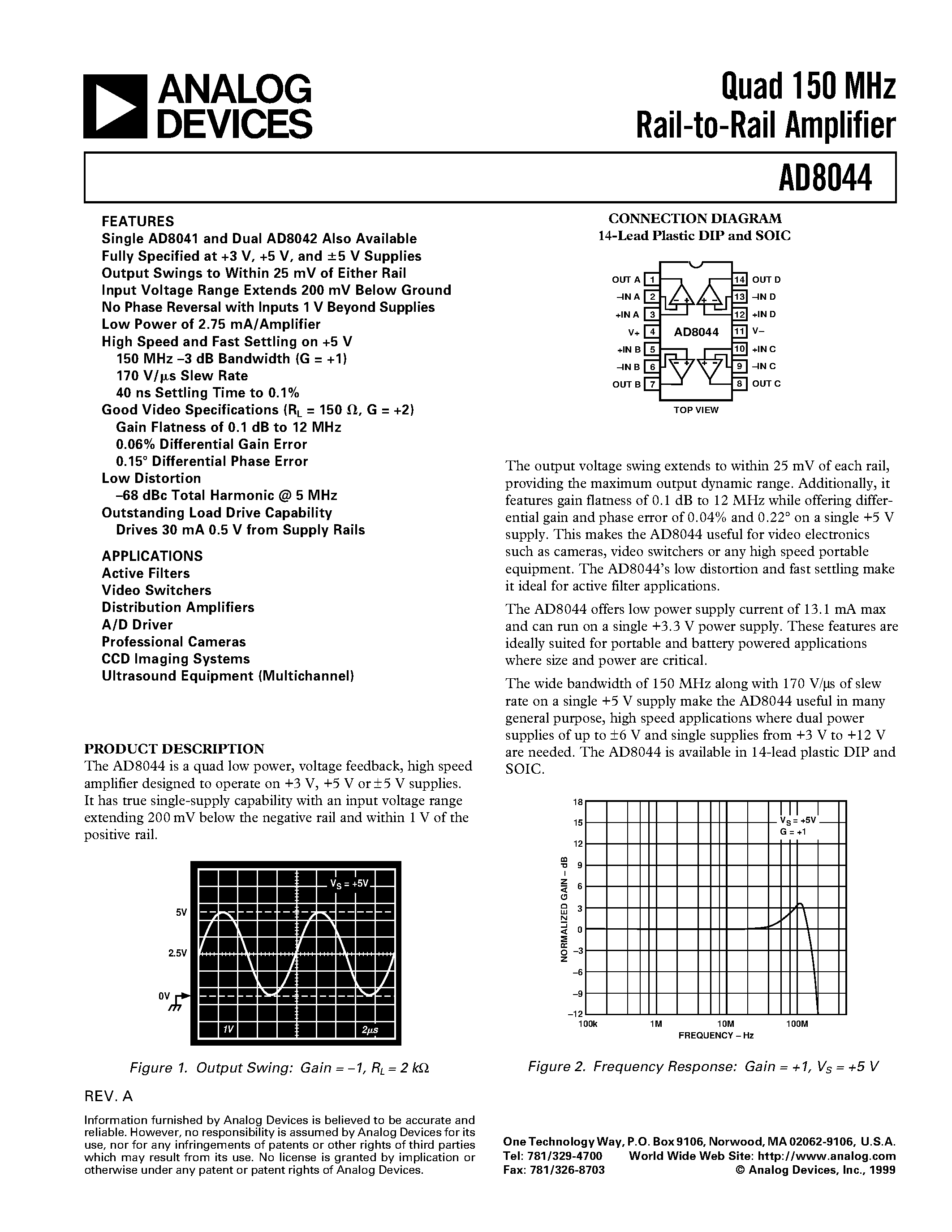 Datasheet AD8044 page 1 Datasheet AD8044 - Quad 150 MHz Rail-to-Rail Amplifier page 1