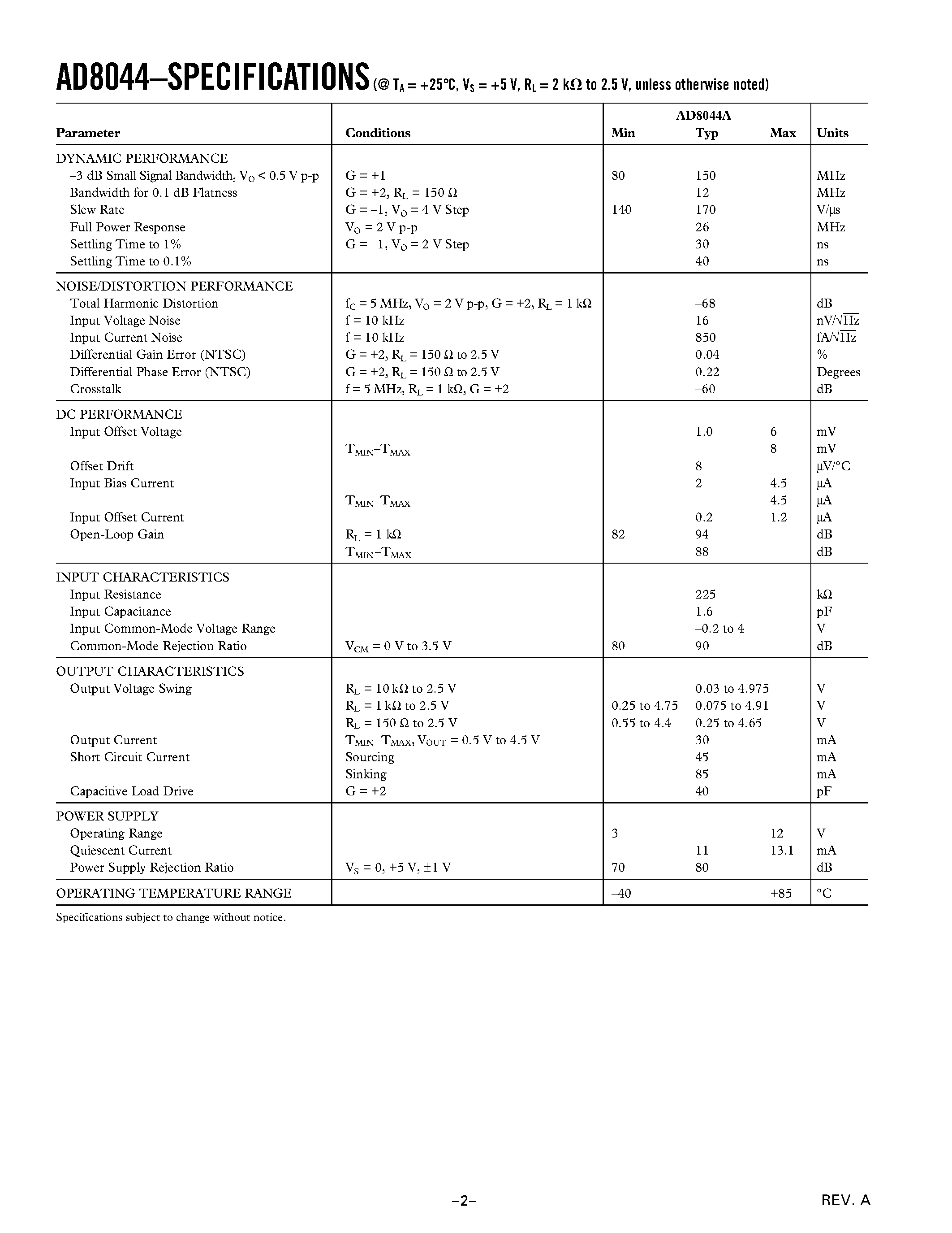 Datasheet AD8044AR-14-REEL page 2 Datasheet AD8044AR-14-REEL - Quad 150 MHz Rail-to-Rail Amplifier page 2