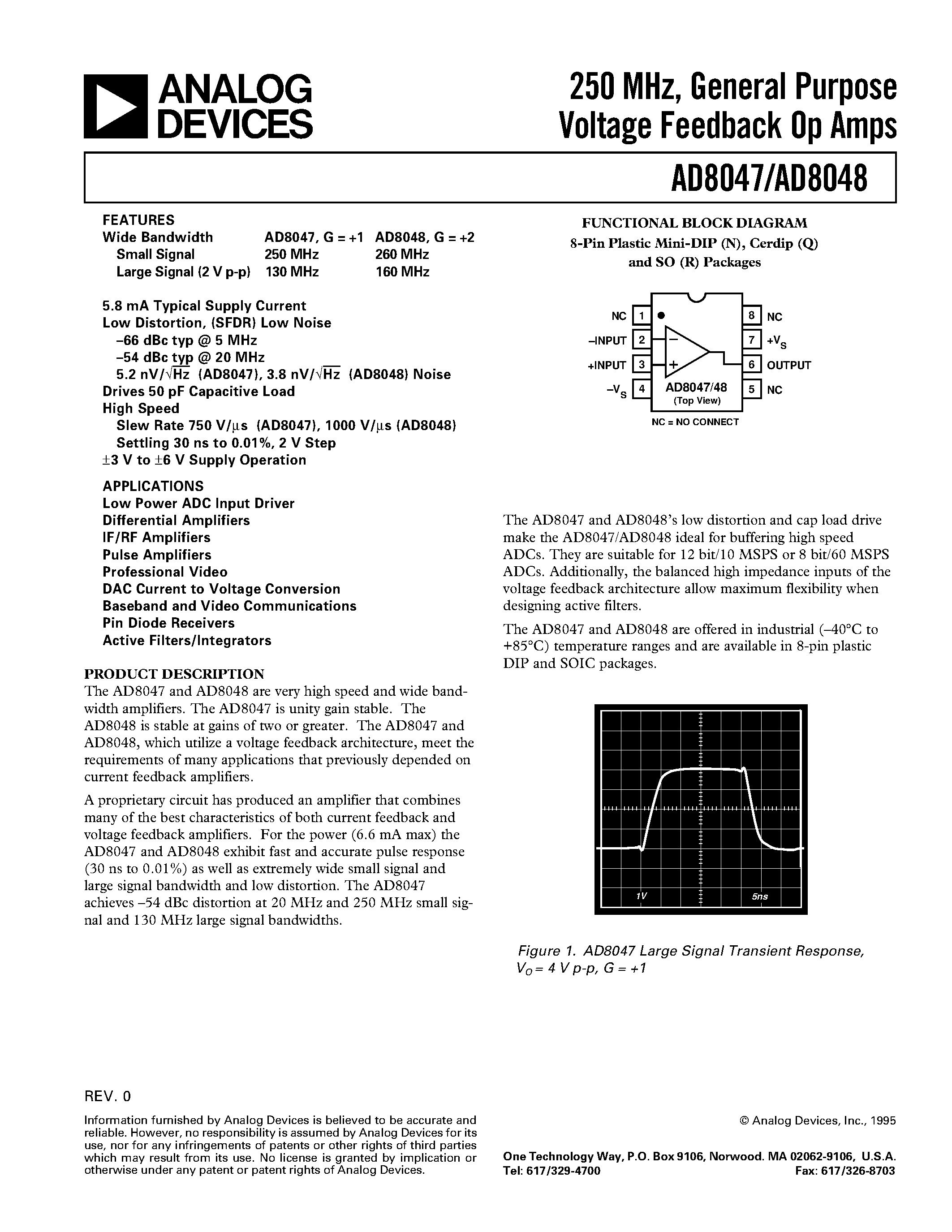 Datasheet AD8048-EB page 1 Datasheet AD8048-EB - 250 MHz/ General Purpose Voltage Feedback Op Amps page 1
