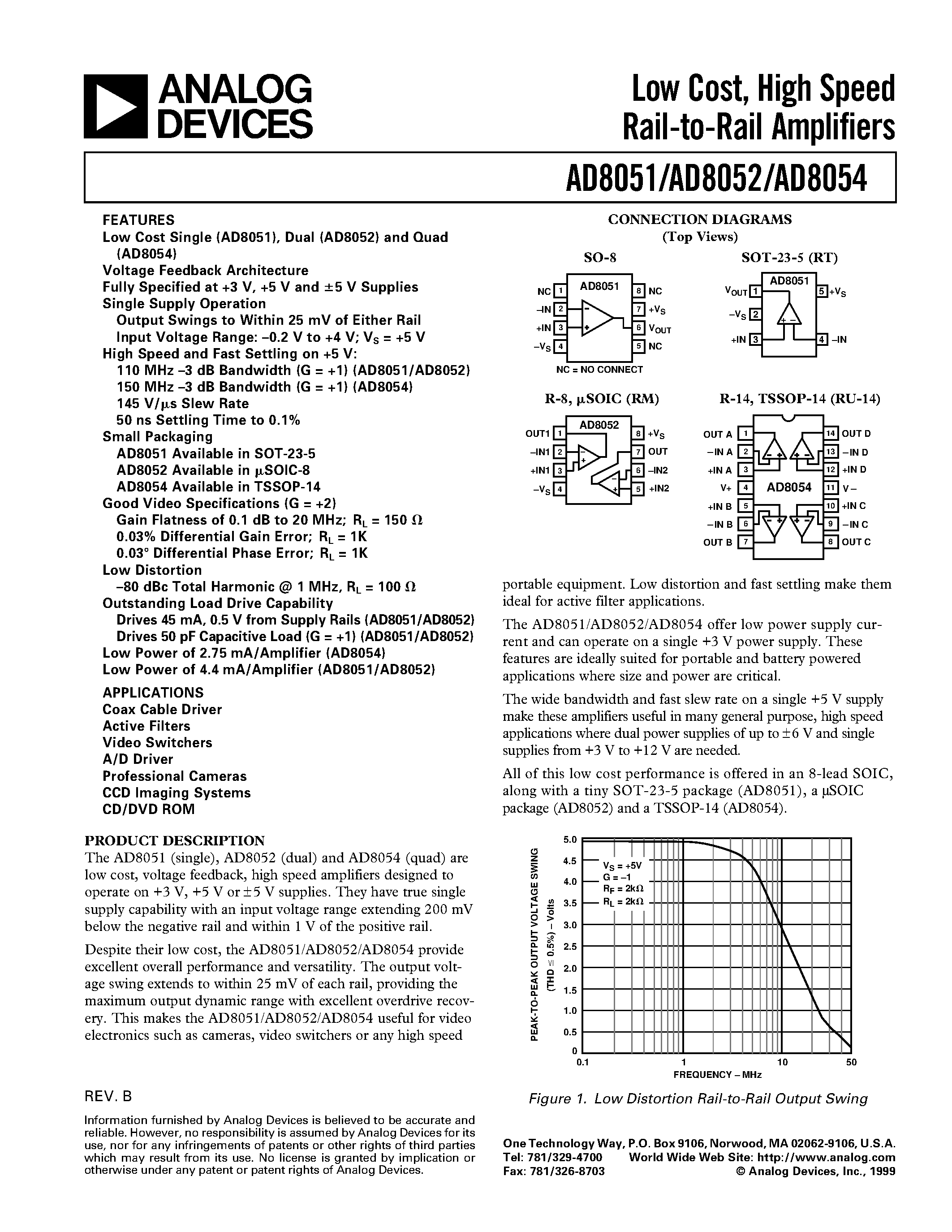 Datasheet AD8051AR-REEL - Low Cost/ High Speed Rail-to-Rail Amplifiers page 1