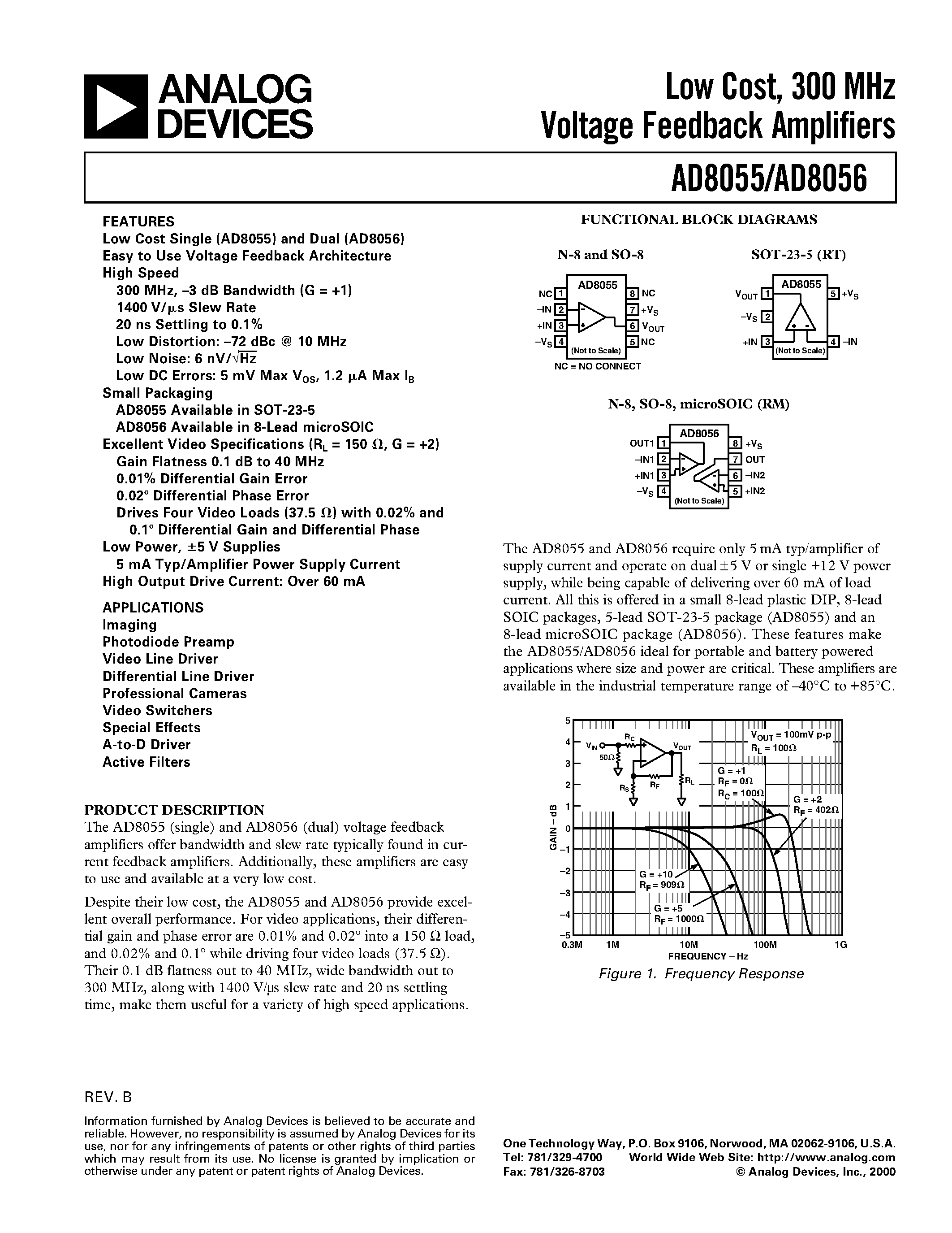 Datasheet AD8056AN - Low Cost/ 300 MHz Voltage Feedback Amplifiers page 1