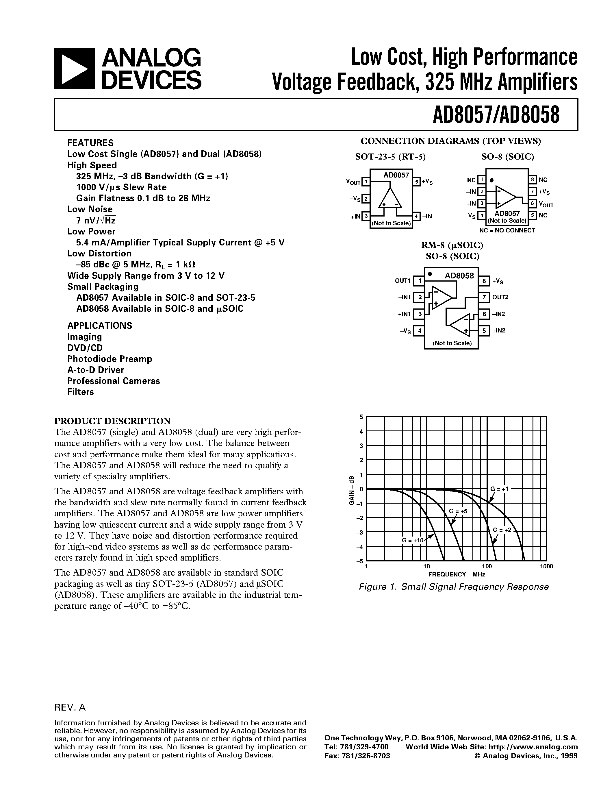 Datasheet AD8058AR page 1 Datasheet AD8058AR - Low Cost/ High Performance Voltage Feedback/ 325 MHz Amplifiers page 1