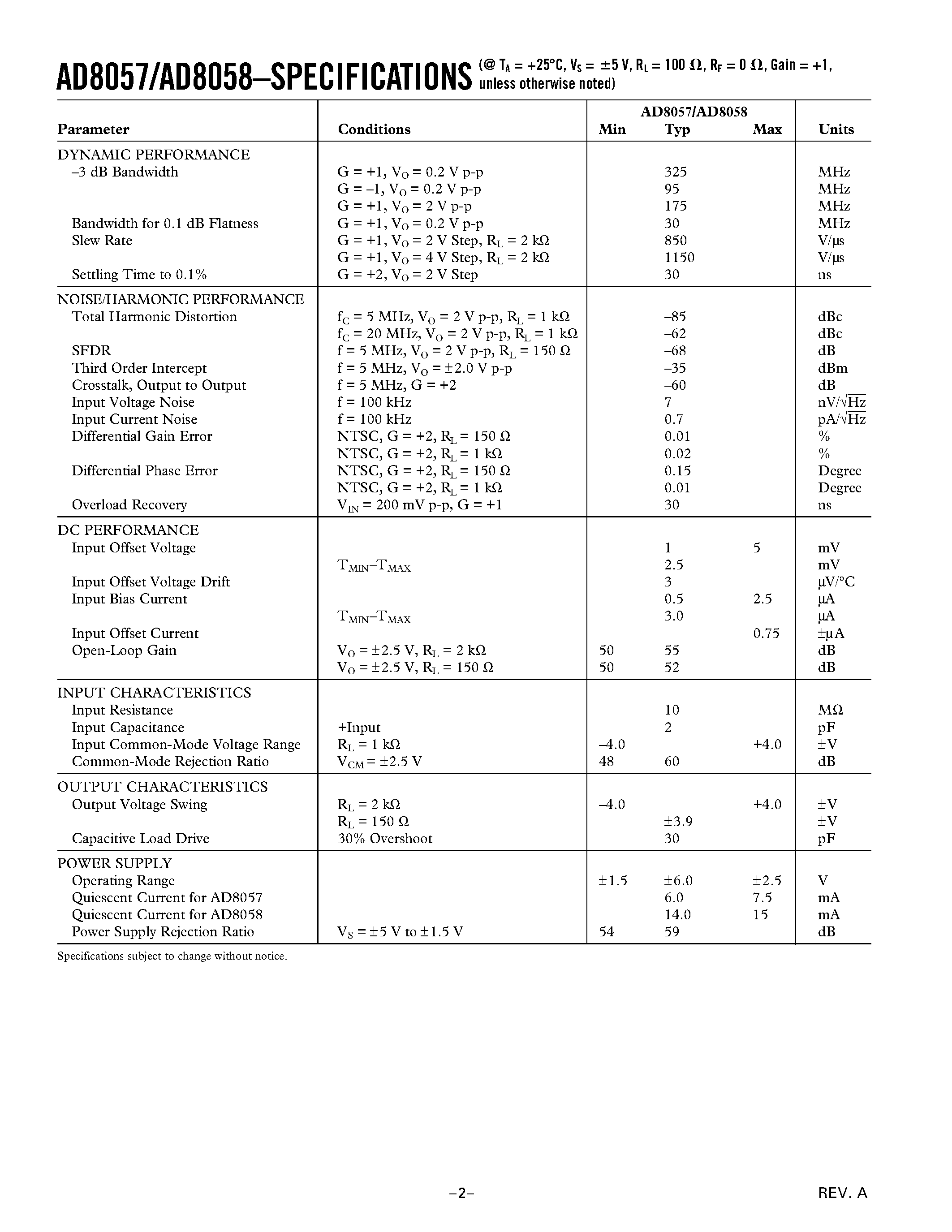 Datasheet AD8058AR page 2 Datasheet AD8058AR - Low Cost/ High Performance Voltage Feedback/ 325 MHz Amplifiers page 2