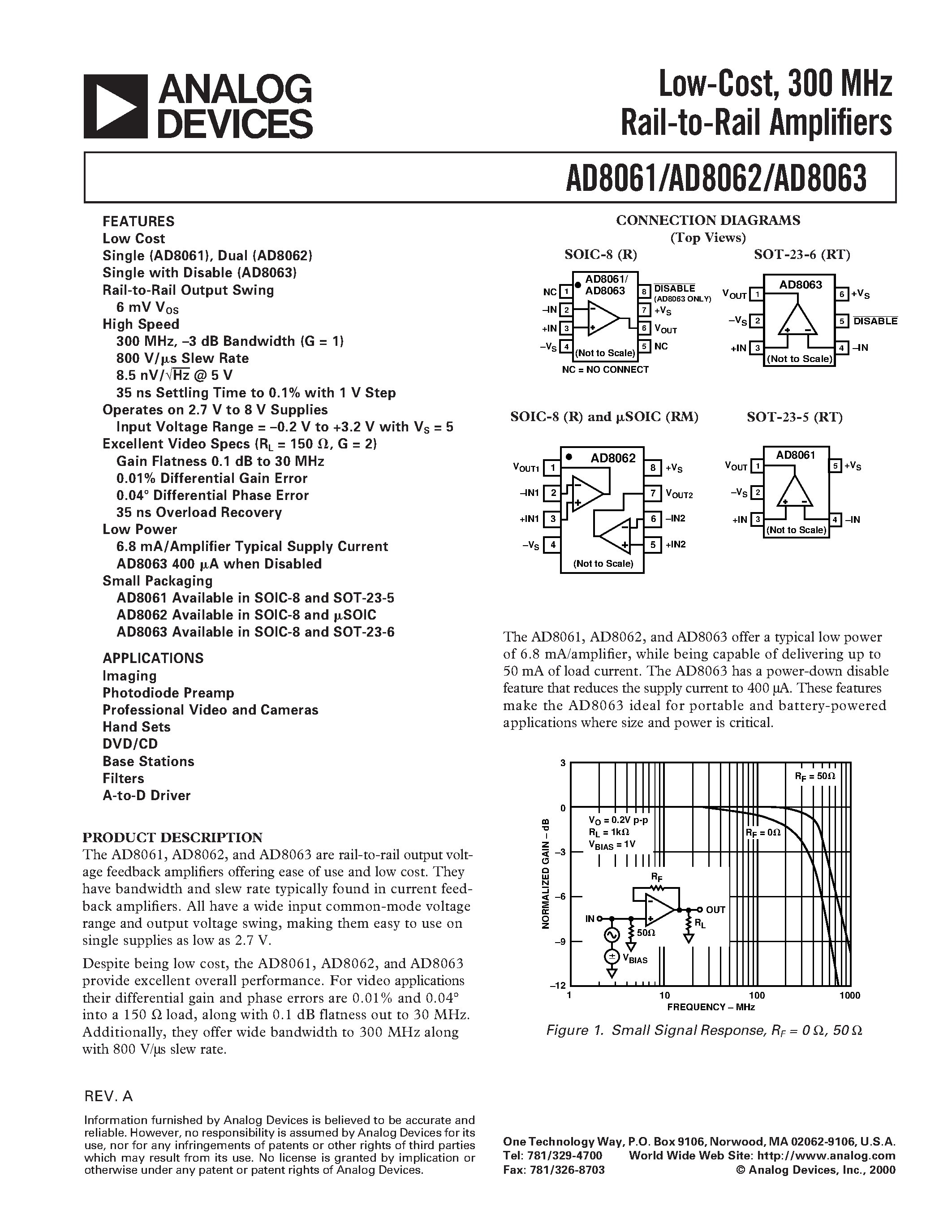 Datasheet AD8062AR - Low-Cost/ 300 MHz Rail-to-Rail Amplifiers page 1