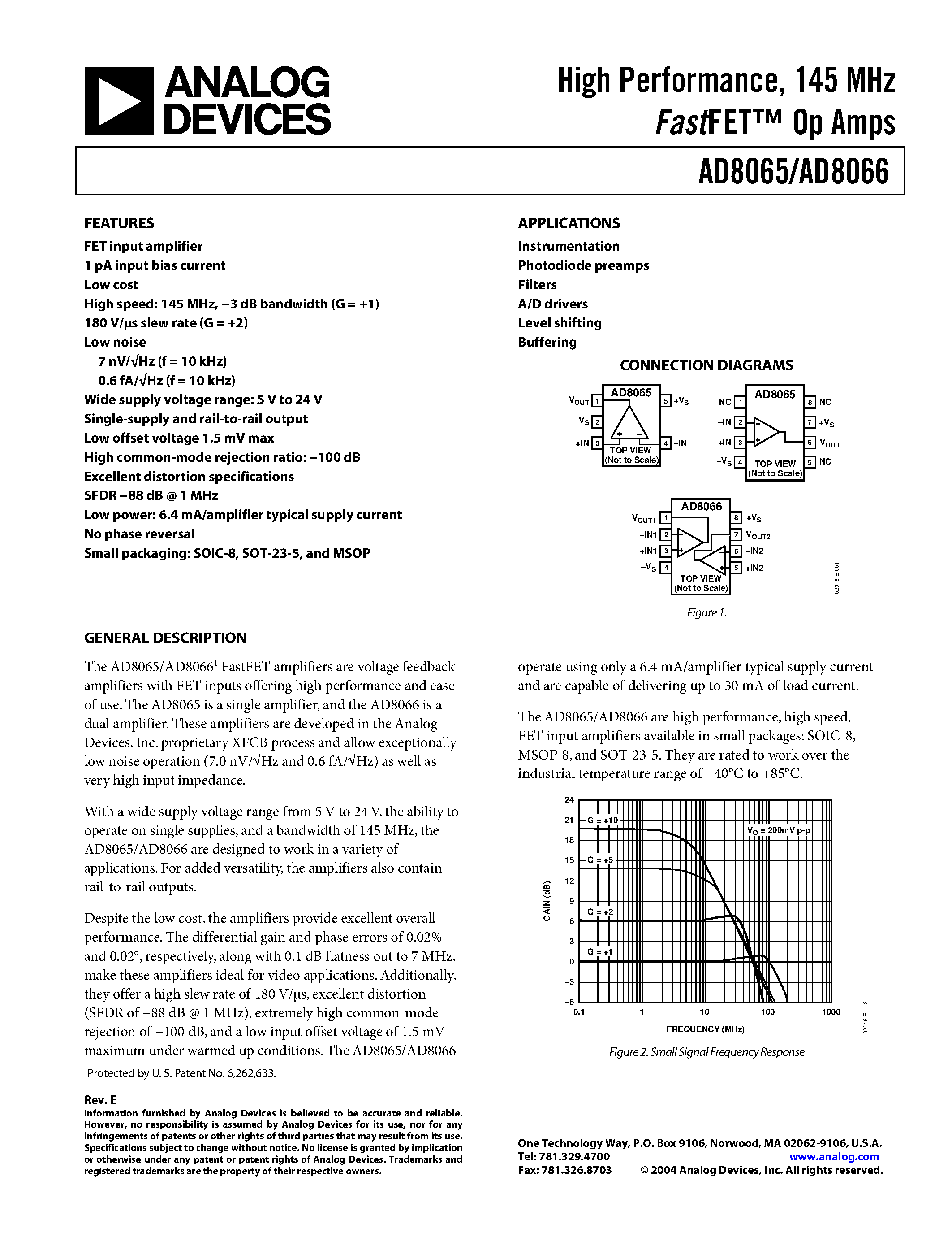 Datasheet AD8066ARZ-REEL71 - High Performance/ 145 MHz FastFET Op Amps page 1