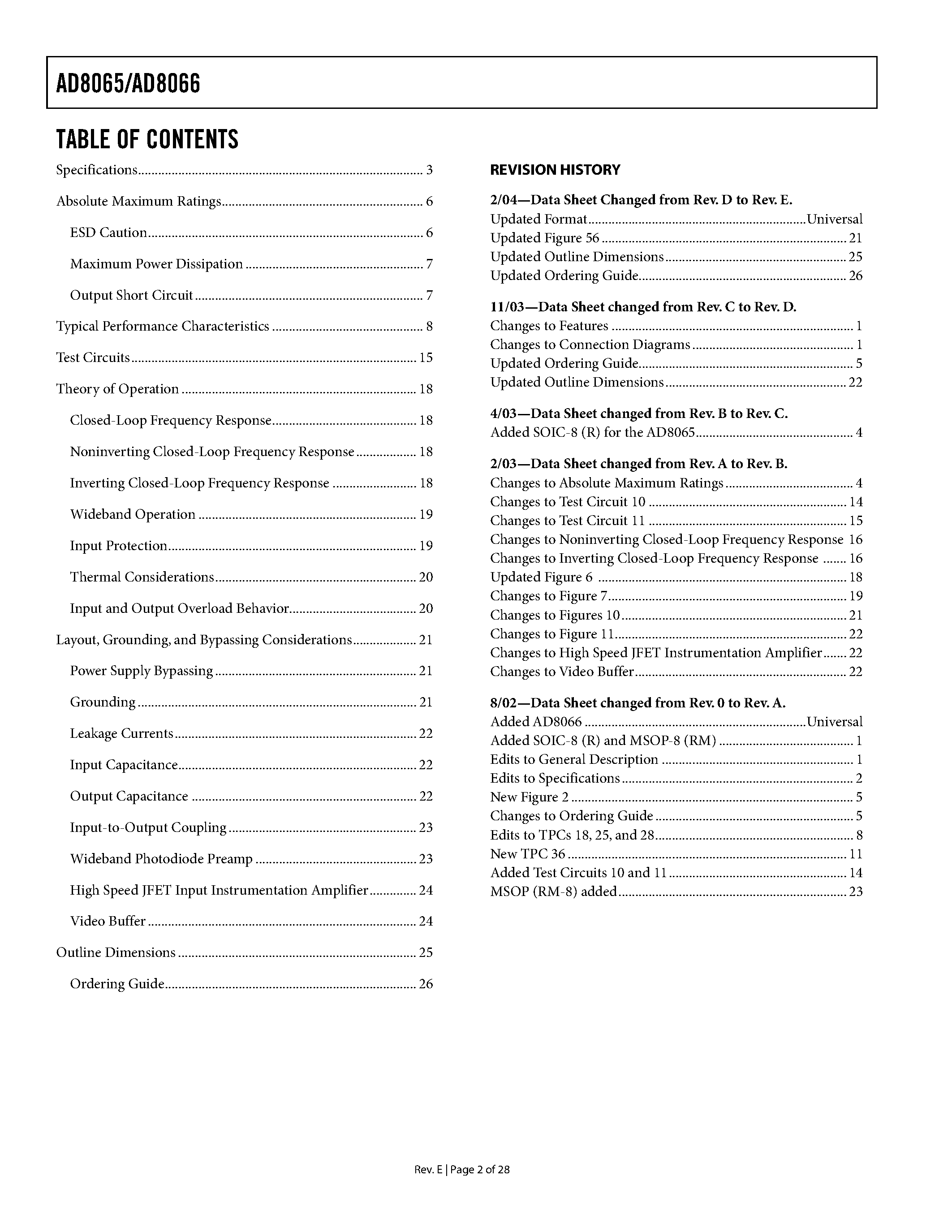 Datasheet AD8066ARZ1 page 2 Datasheet AD8066ARZ1 - High Performance/ 145 MHz FastFET Op Amps page 2