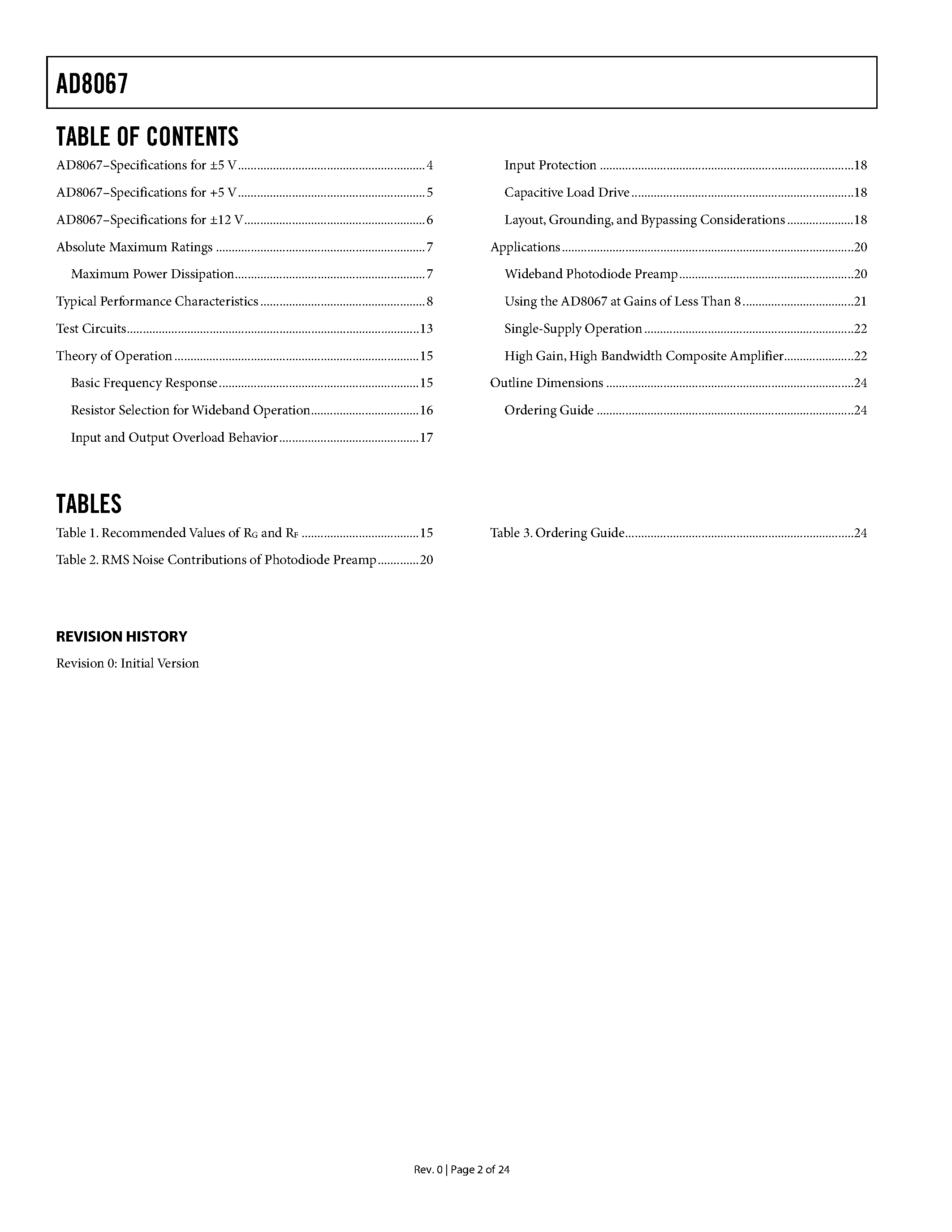 Datasheet AD8067 - High Gain Bandwidth Product Precision Fast FET Op Amp page 2