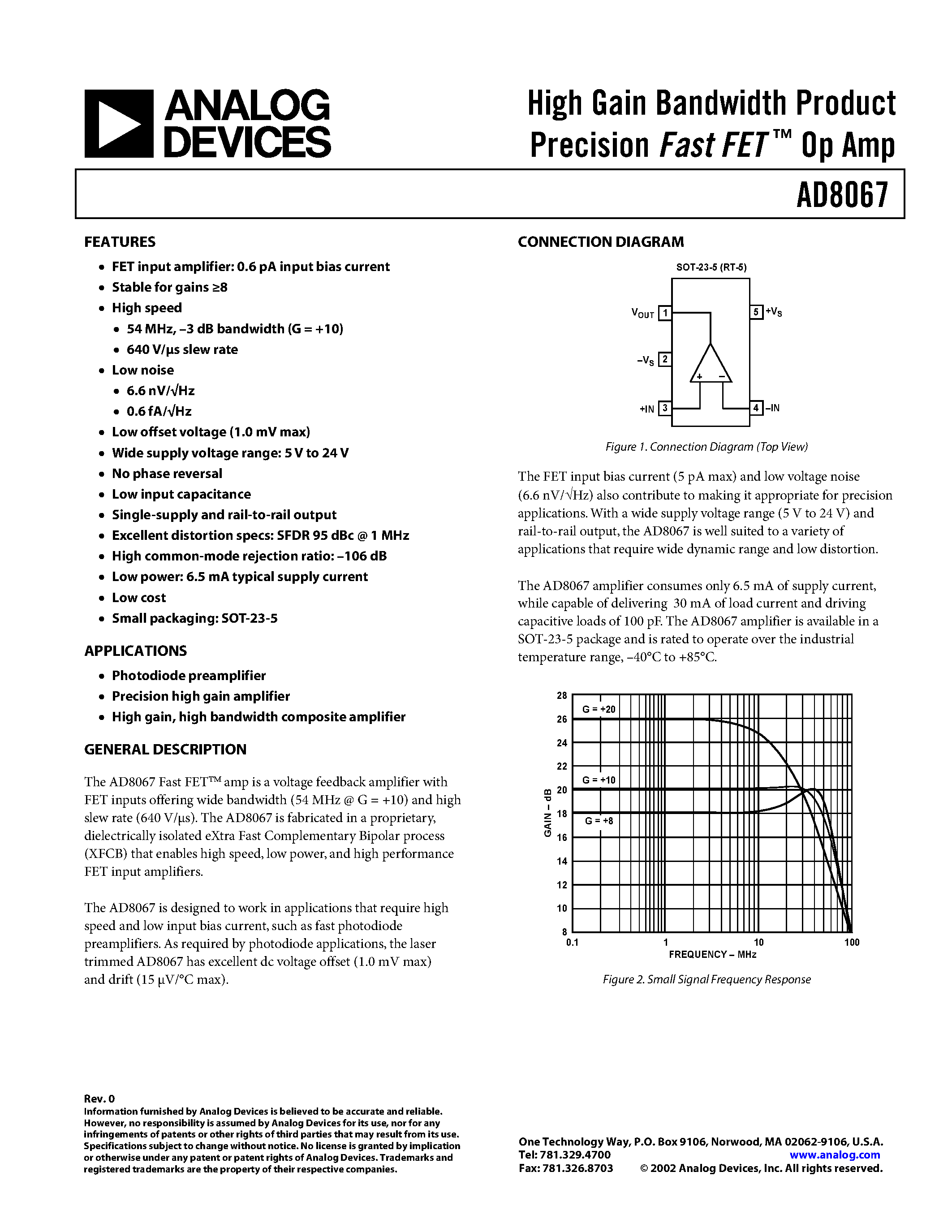 Datasheet AD8067ART-R2 - High Gain Bandwidth Product Precision Fast FET Op Amp page 1