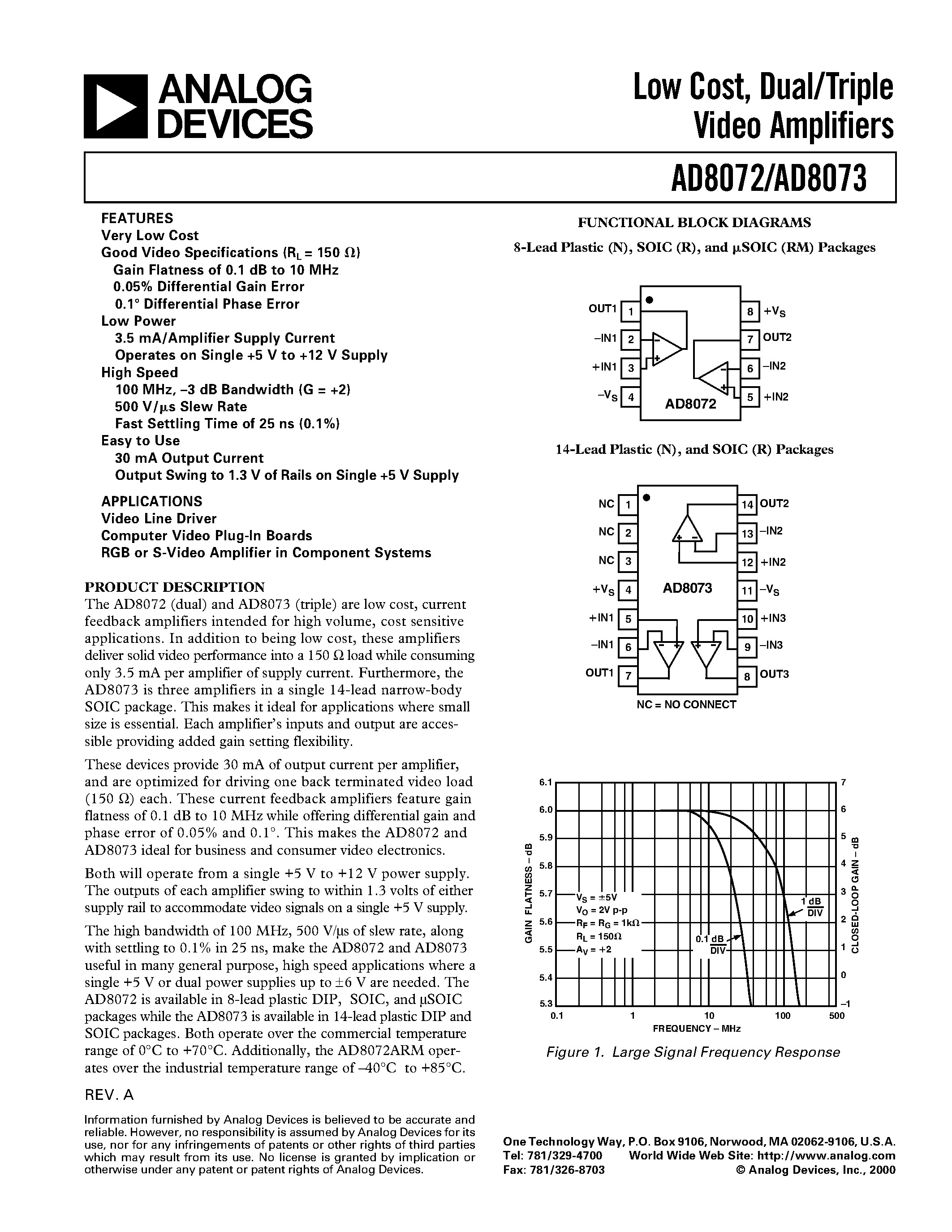 Datasheet AD8072JR-REEL - Low Cost/ Dual/Triple Video Amplifiers page 1