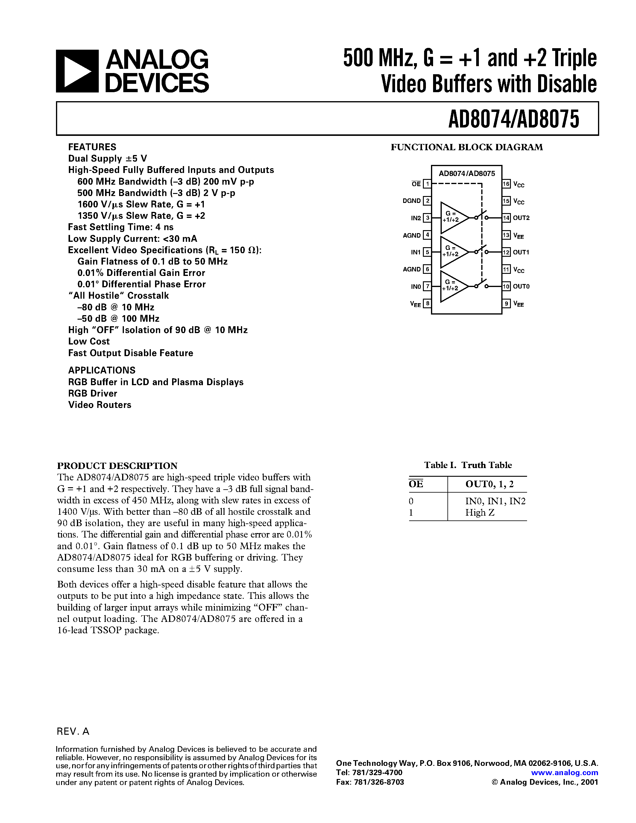 Datasheet AD8075ARU - 500 MHz/ G = +-1 and +2 Triple Video Buffers with Disable page 1