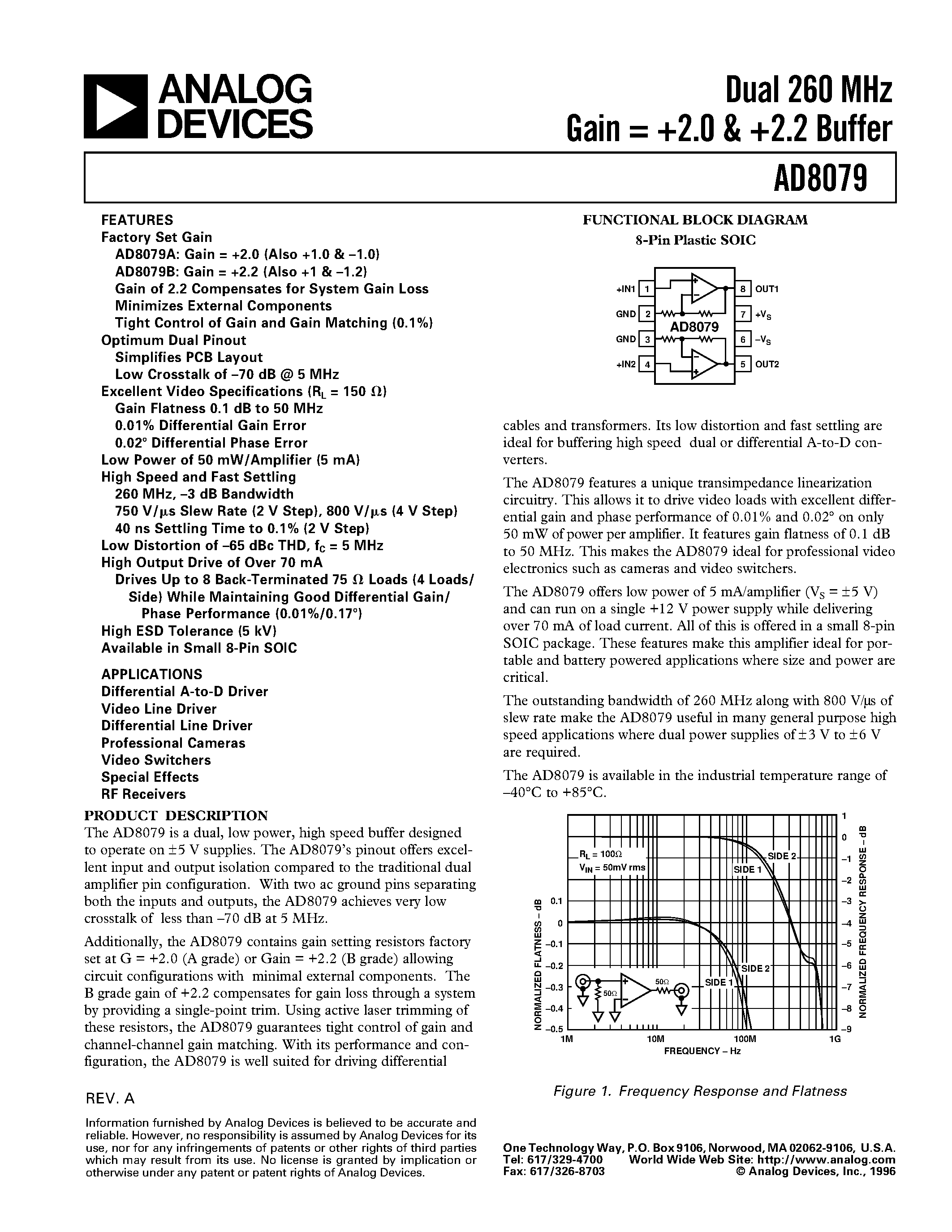 Даташит AD8079AR-REEL7 - Dual 260 MHz Gain = +2.0 & +2.2 Buffer страница 1