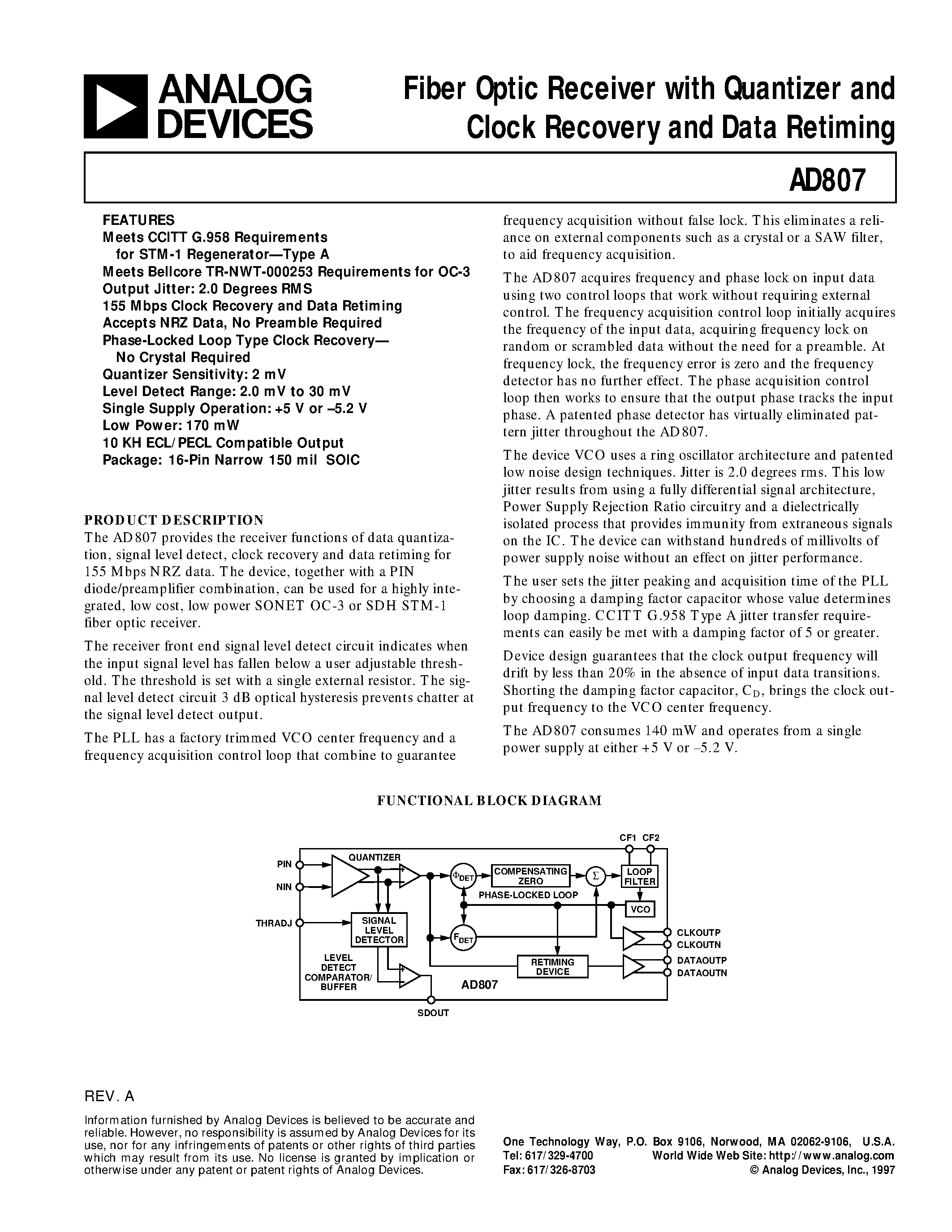 Datasheet AD807A-155BRRL7 - Fiber Optic Receiver with Quantizer and Clock Recovery and Data Retiming page 1