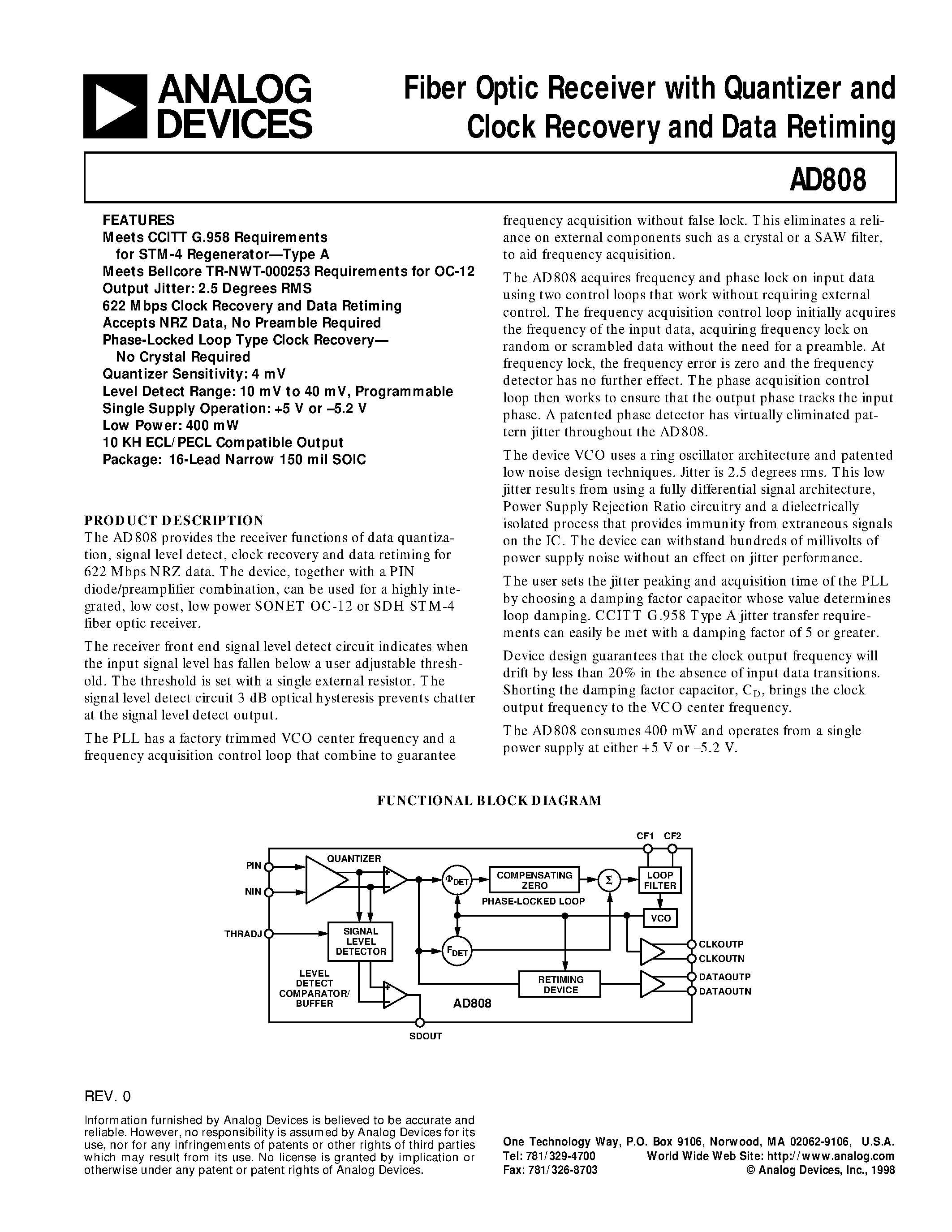 Datasheet AD808 - Fiber Optic Receiver with Quantizer and Clock Recovery and Data Retiming page 1