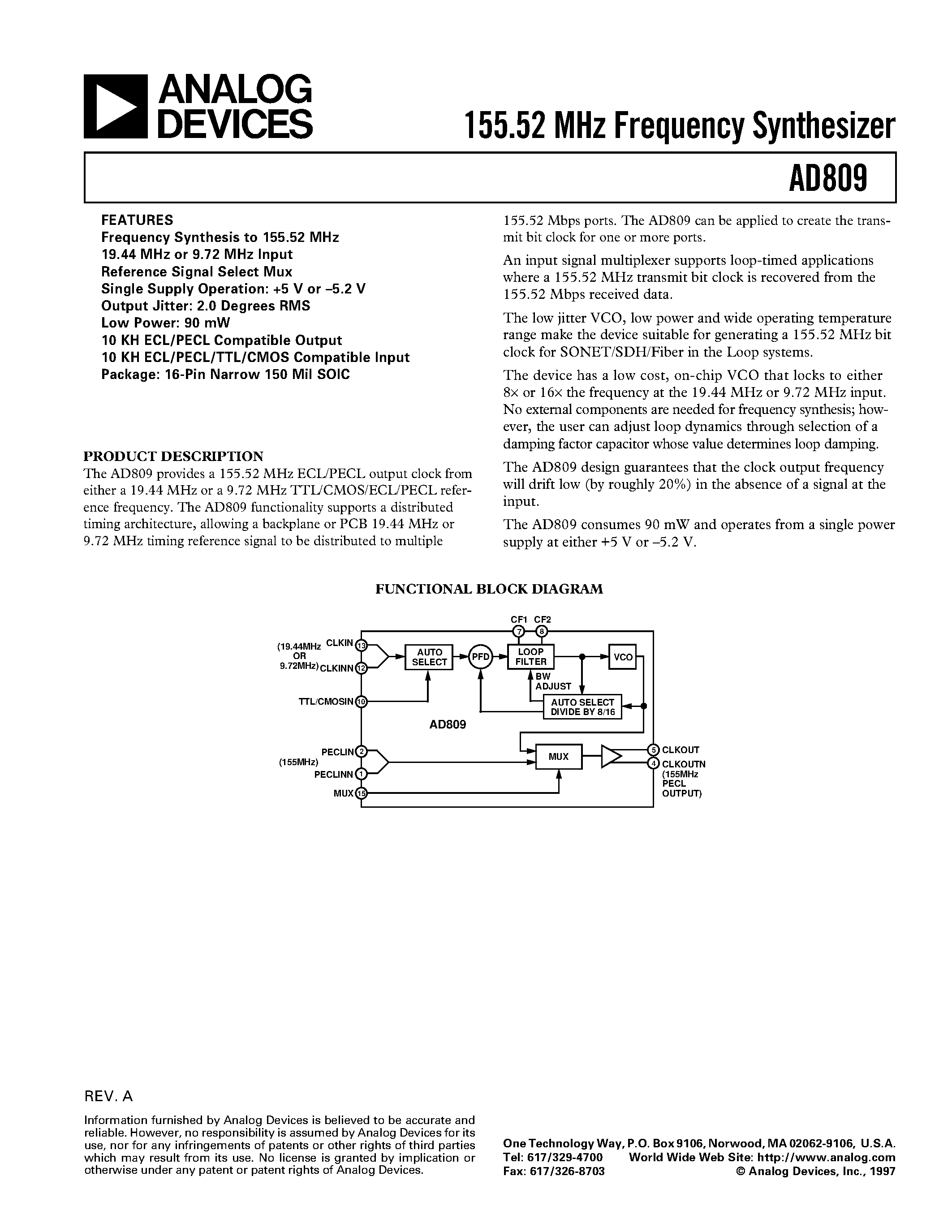 Datasheet AD809BR - 155.52 MHz Frequency Synthesizer page 1