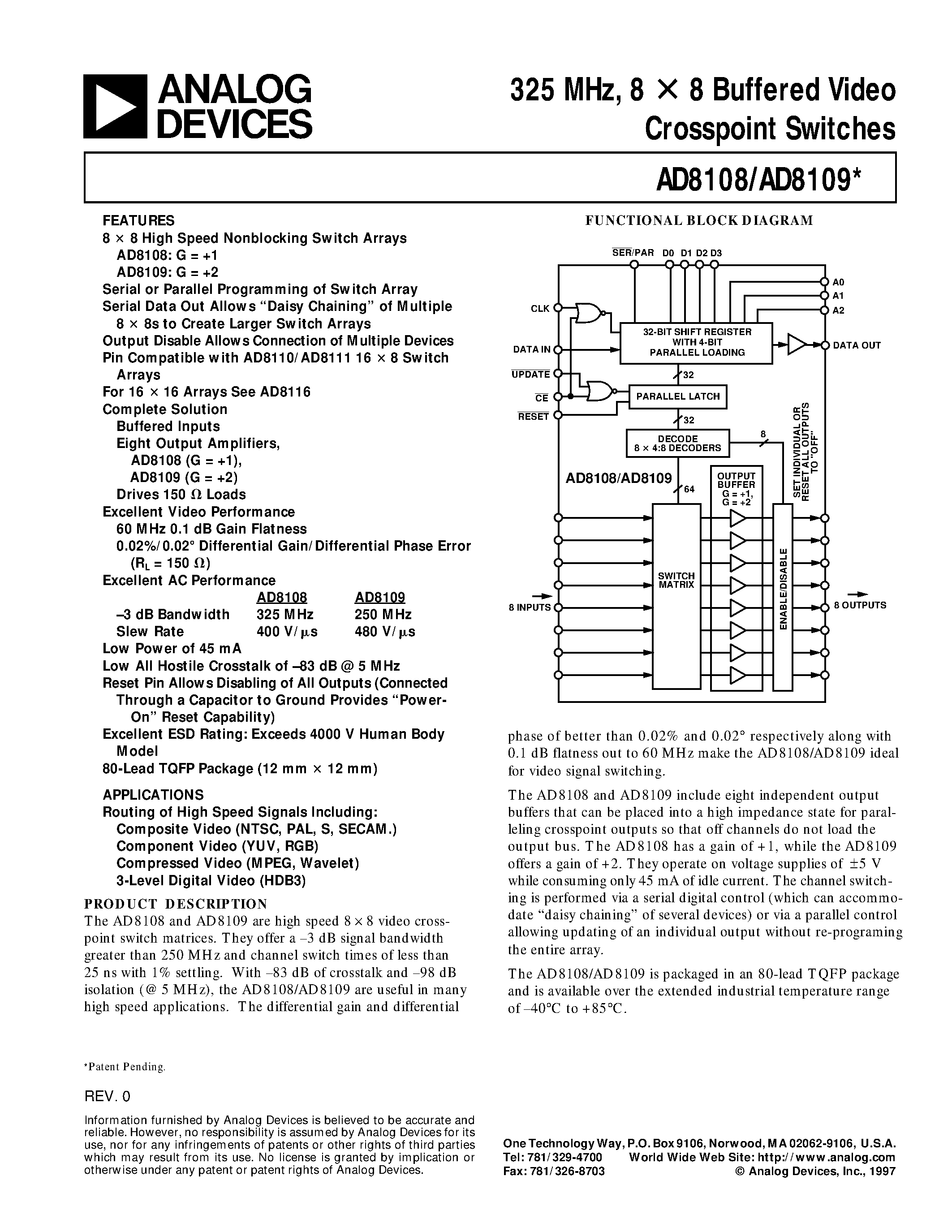Datasheet AD8109-EB - 325 MHz/ 8 x 8 Buffered Video Crosspoint Switches page 1