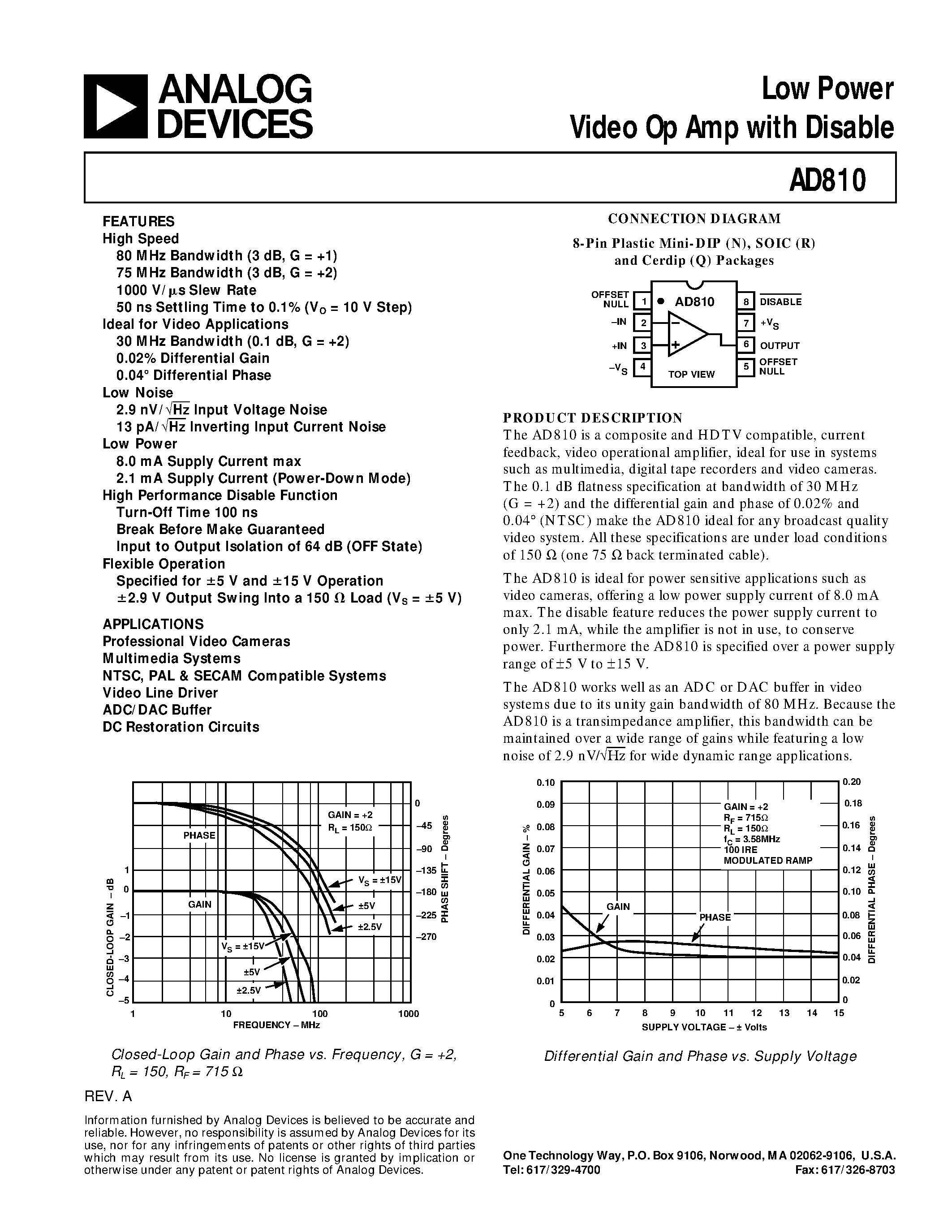 Datasheet AD810AR-REEL page 1 Datasheet AD810AR-REEL - Low Power Video Op Amp with Disable page 1