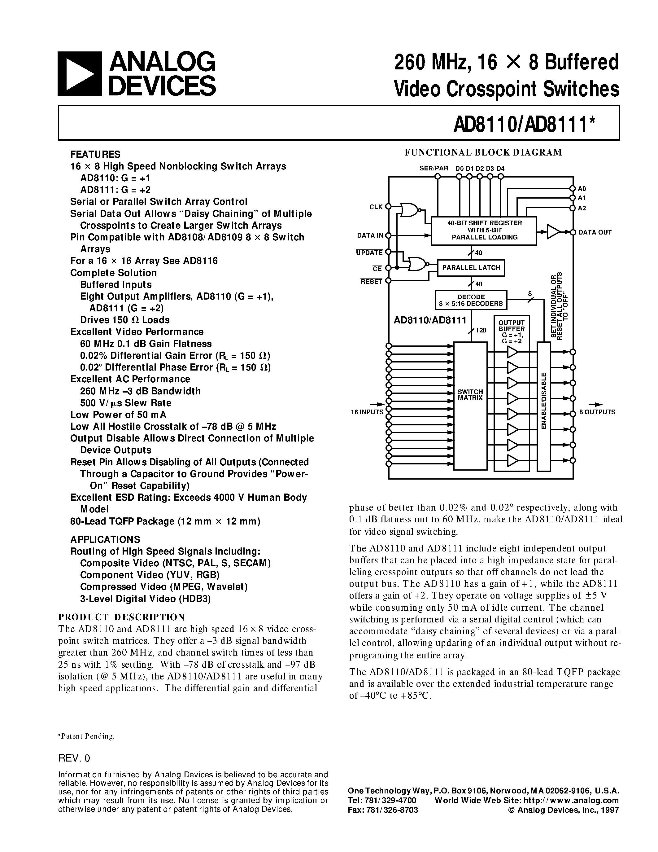 Datasheet AD8111AST - 260 MHz/ 16 x 8 Buffered Video Crosspoint Switches page 1