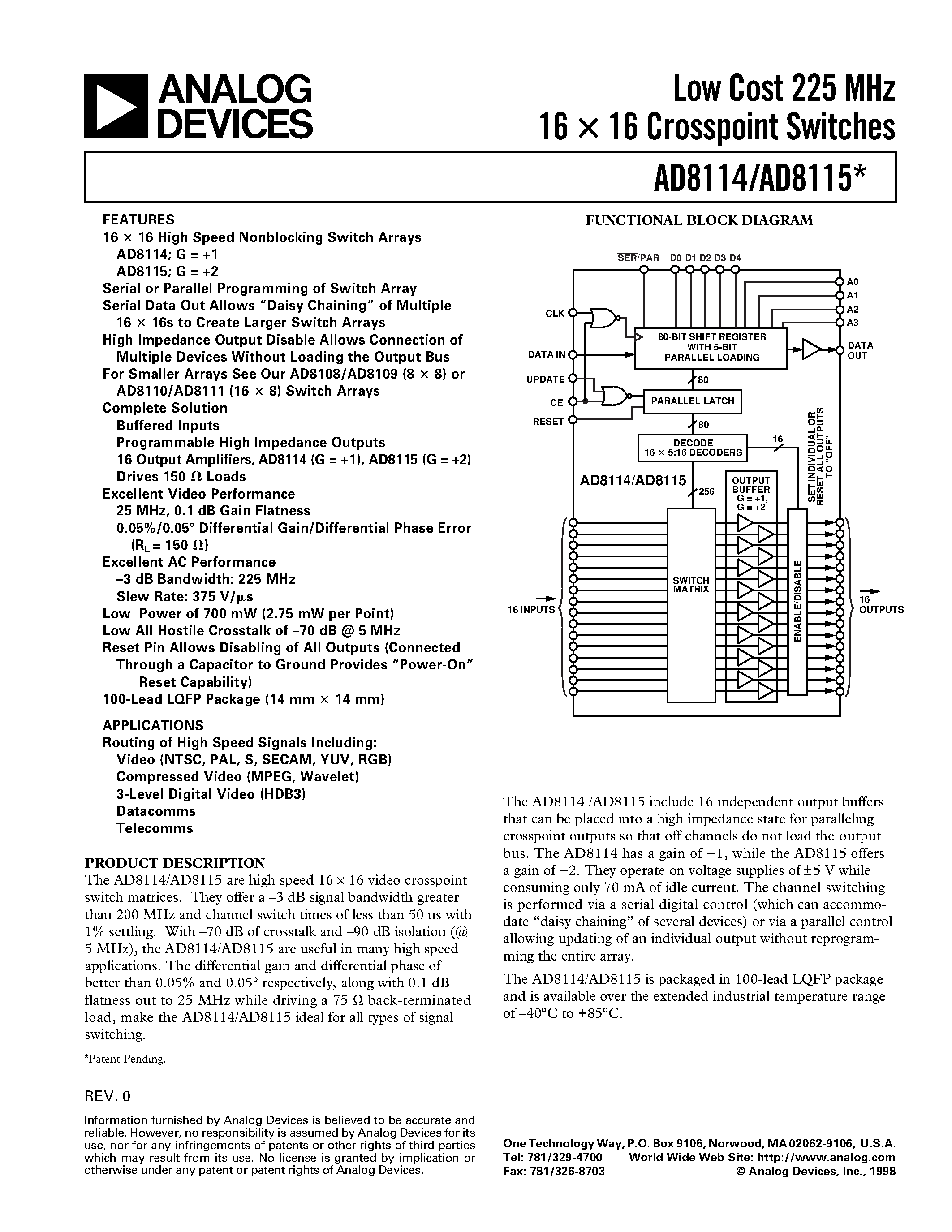 Datasheet AD8115AST - Low Cost 225 MHz 16 X 16 Crosspoint Switches page 1