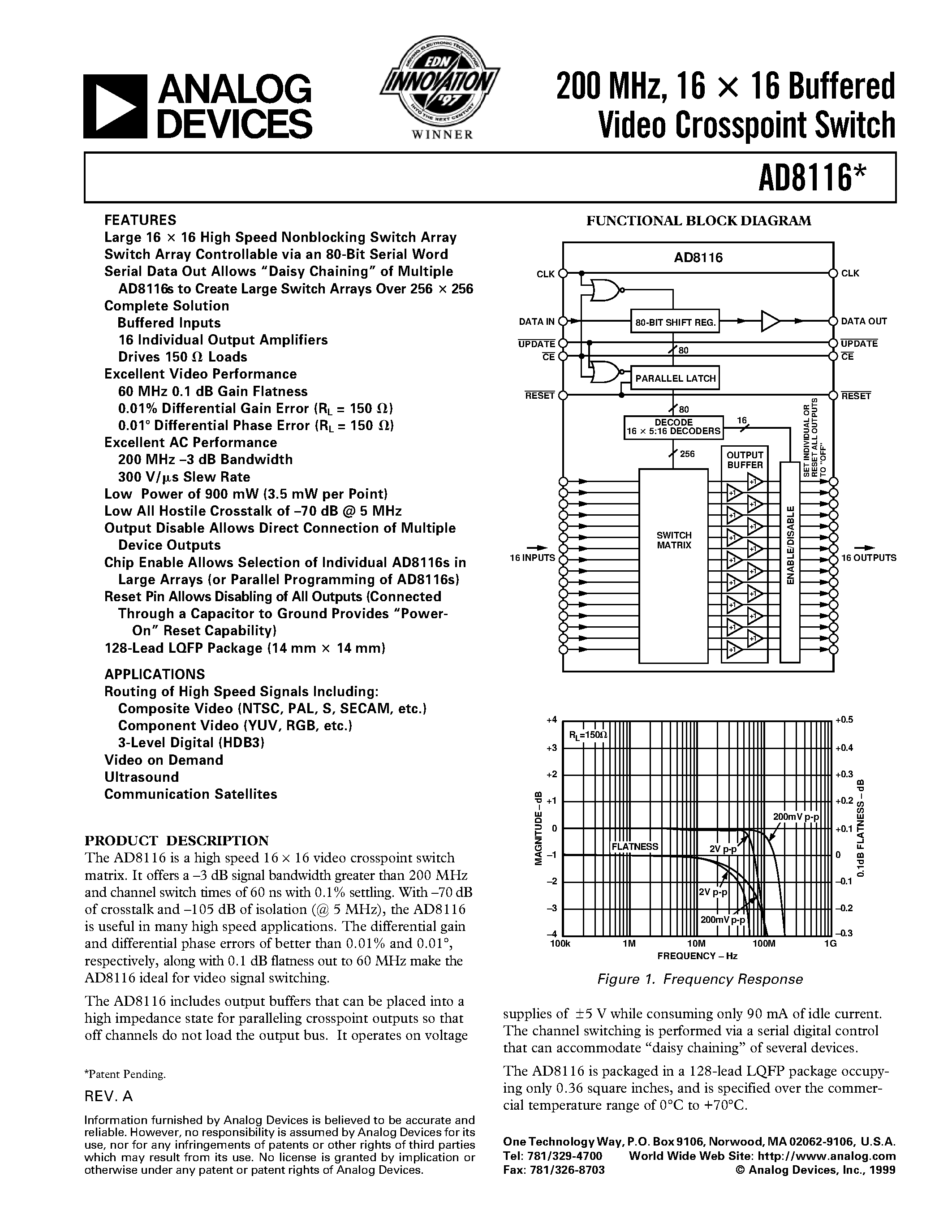 Datasheet AD8116 - 200 MHz/ 16 x 16 Buffered Video Crosspoint Switch page 1