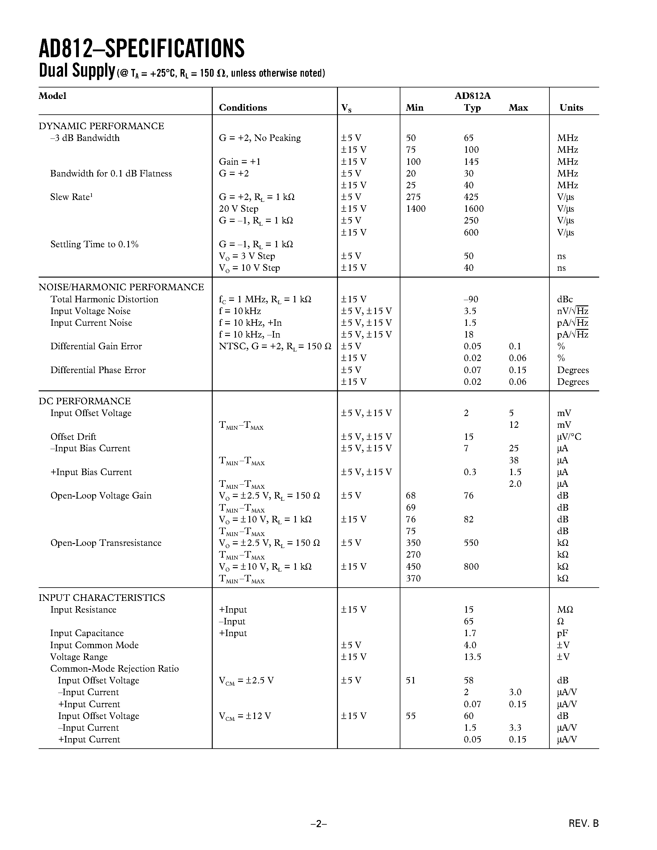 Datasheet AD812AR - Dual/ Current Feedback Low Power Op Amp page 2