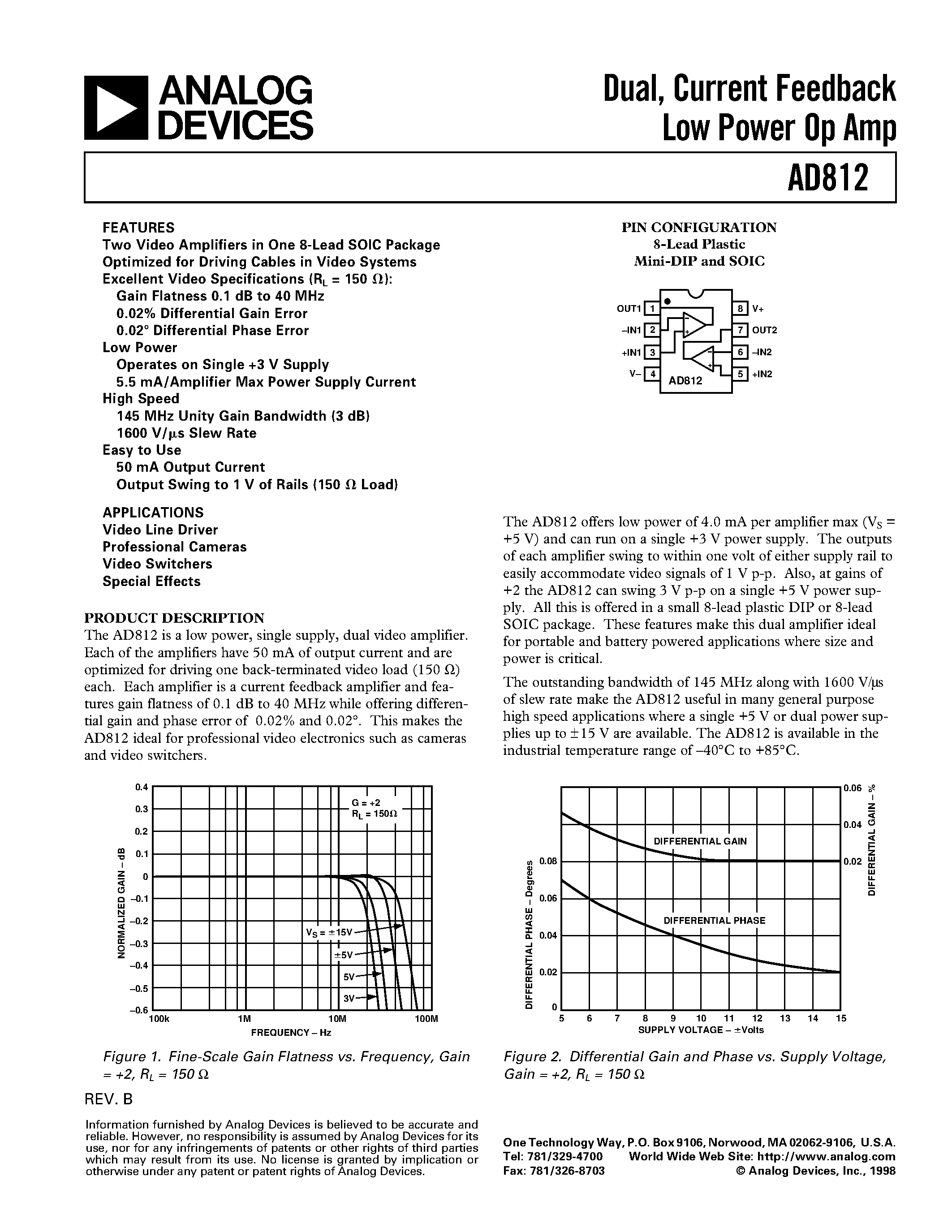 Datasheet AD812AR-REEL - Dual/ Current Feedback Low Power Op Amp page 1