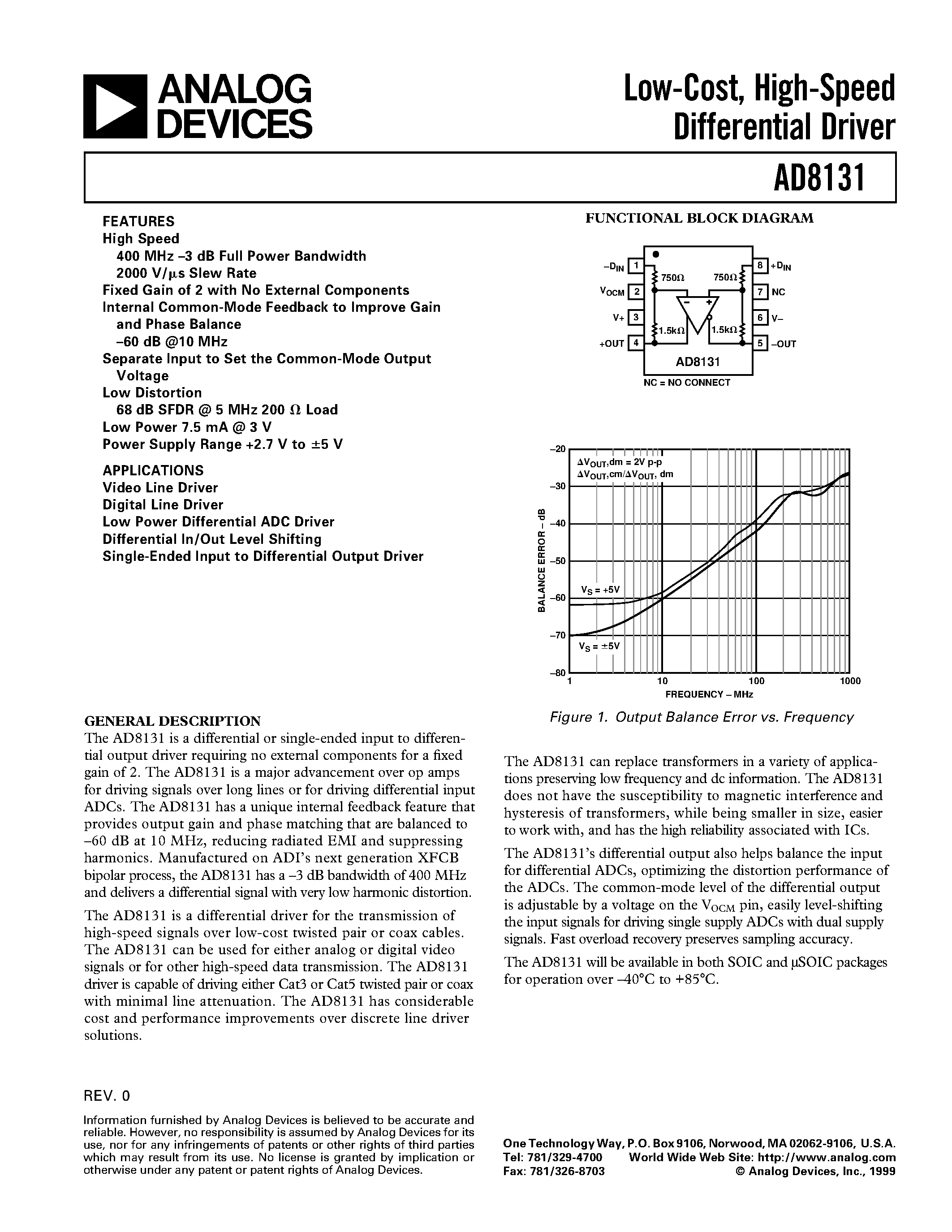 Datasheet AD8131 - Low-Cost/ High-Speed Differential Driver page 1