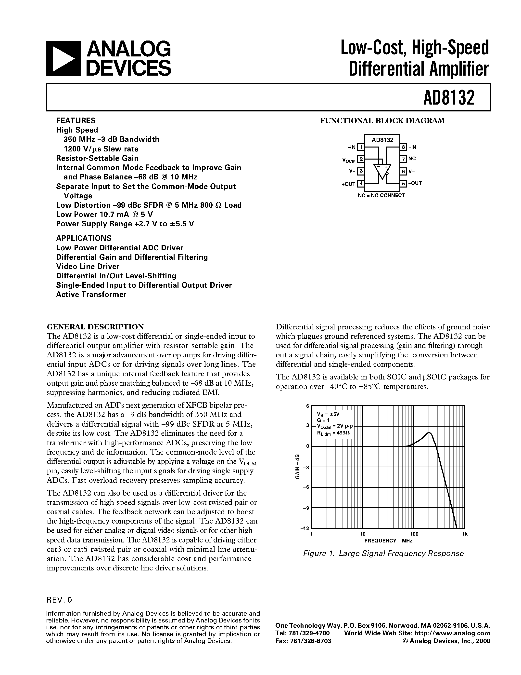 Datasheet AD8132AR-REEL7 - Low-Cost/ High-Speed Differential Amplifier page 1