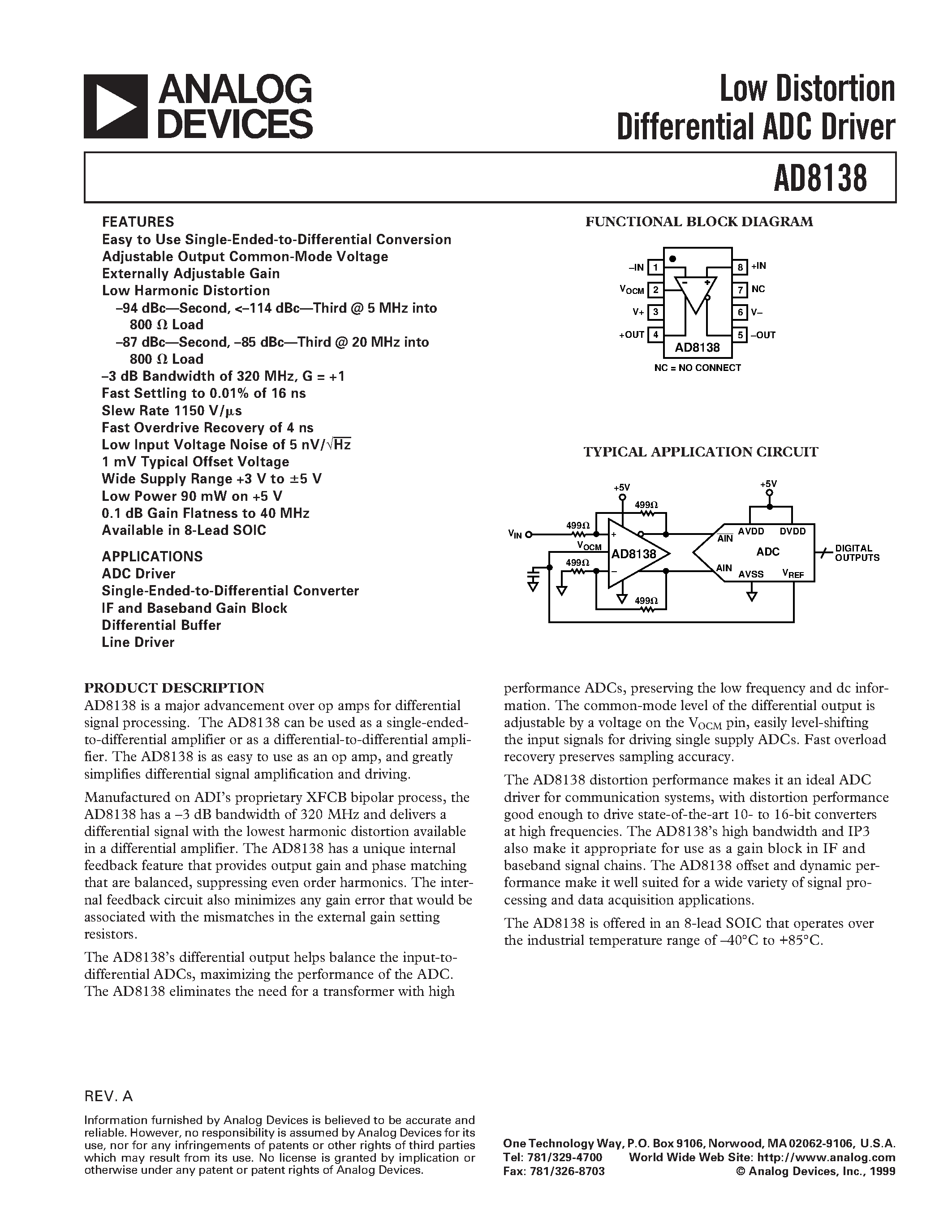 Datasheet AD8138AR - Low Distortion Differential ADC Driver page 1