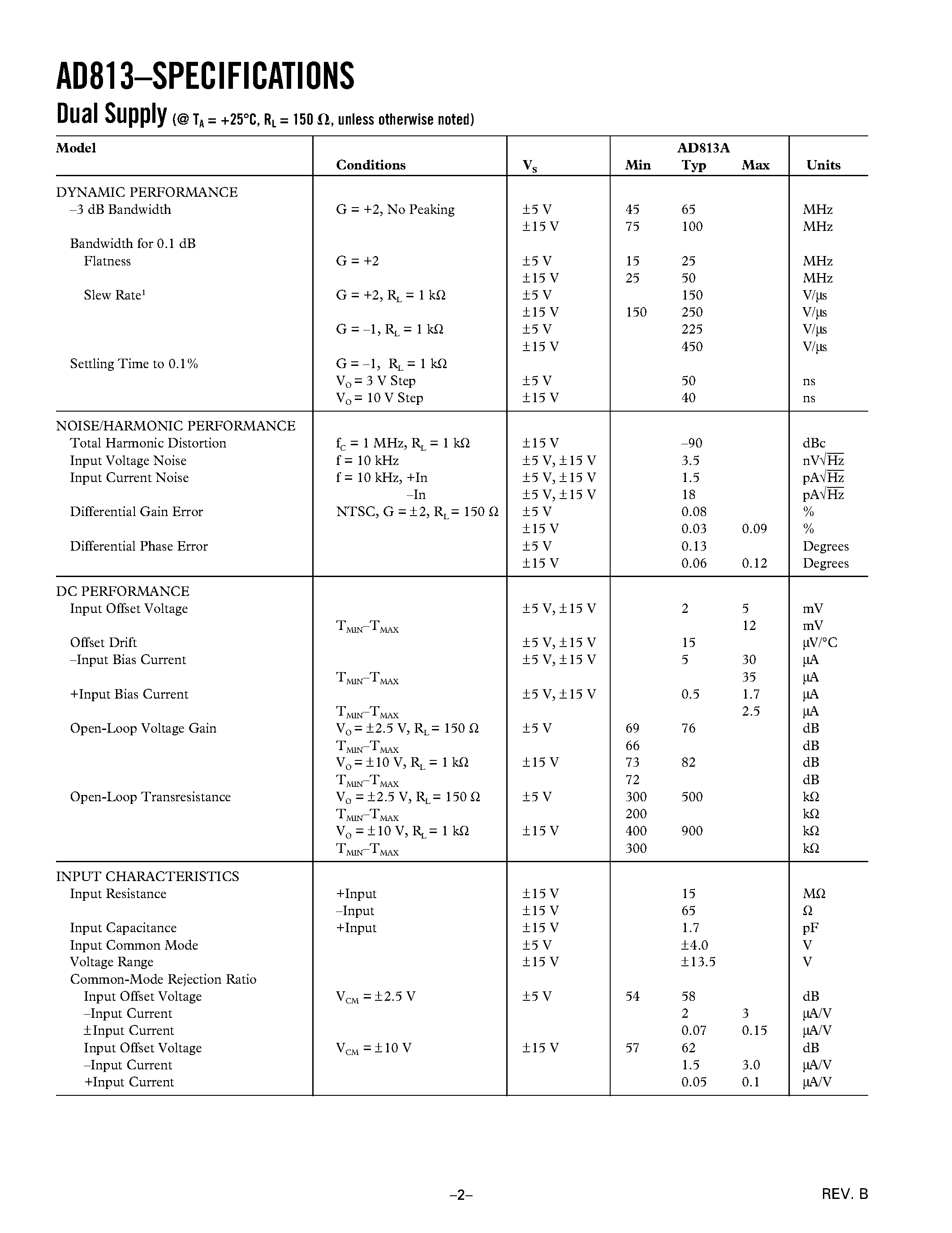 Datasheet AD813AR-14 - Single Supply/ Low Power Triple Video Amplifier page 2
