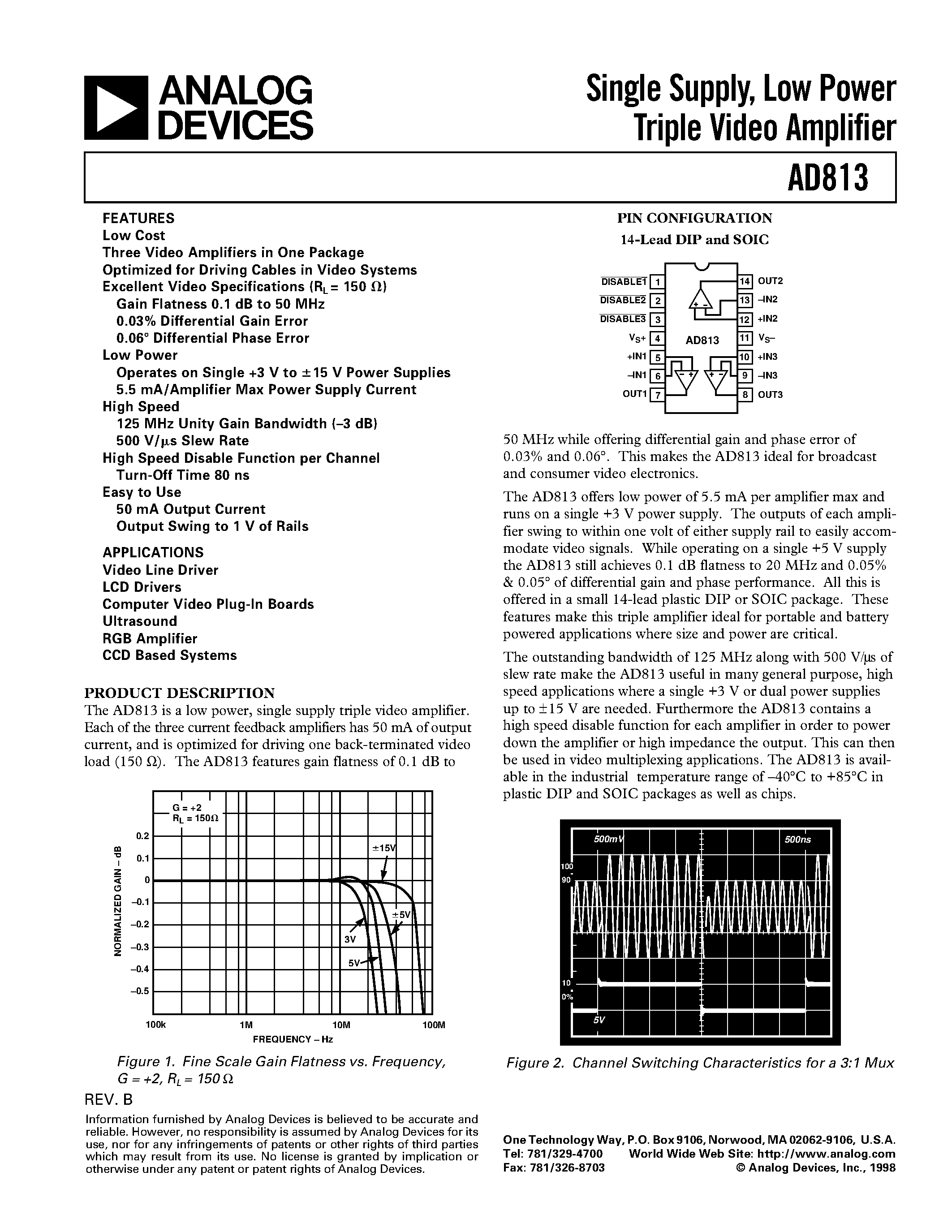 Datasheet AD813AR-REEL - Single Supply/ Low Power Triple Video Amplifier page 1