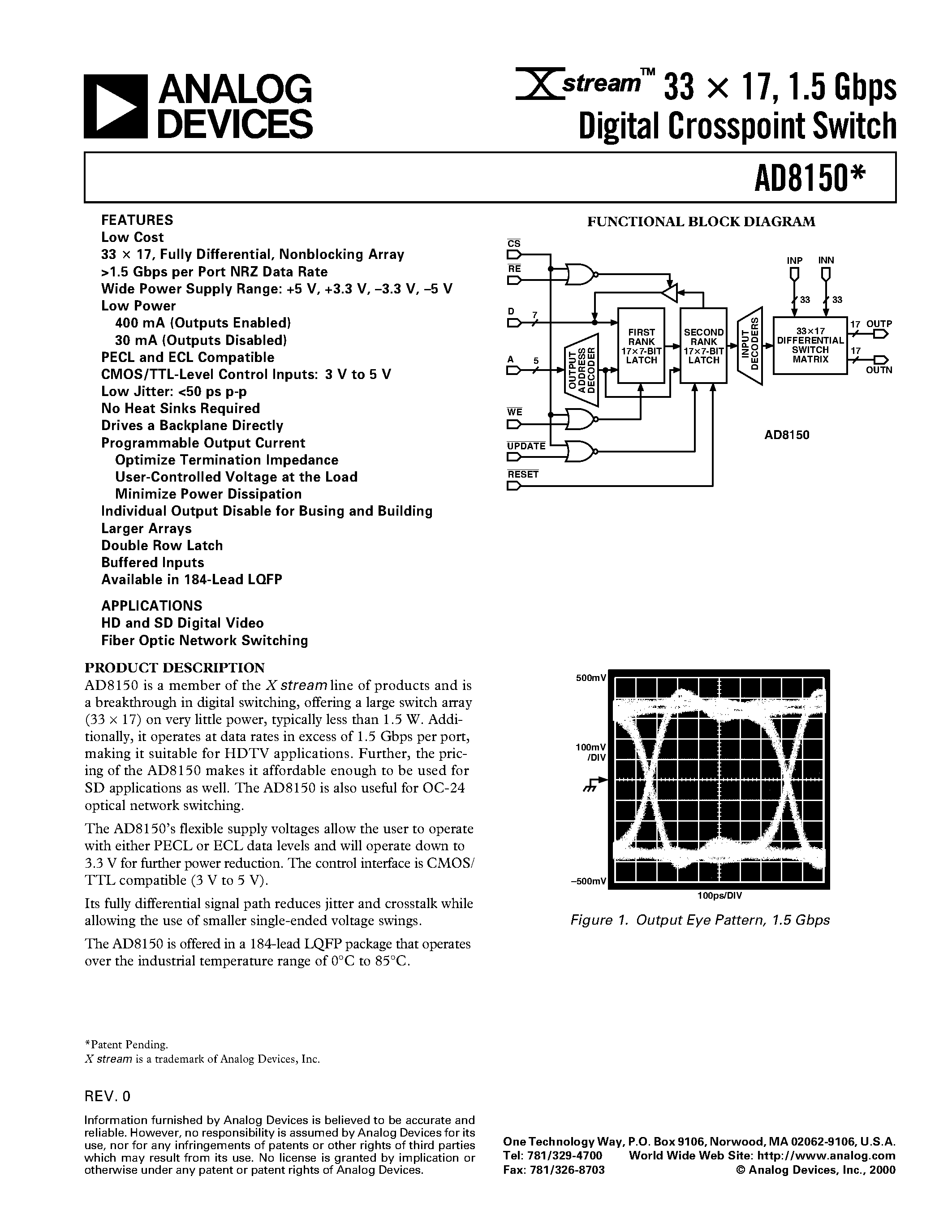 Datasheet AD8150-EVAL - 33 x 17/ 1.5 Gbps Digital Crosspoint Switch page 1