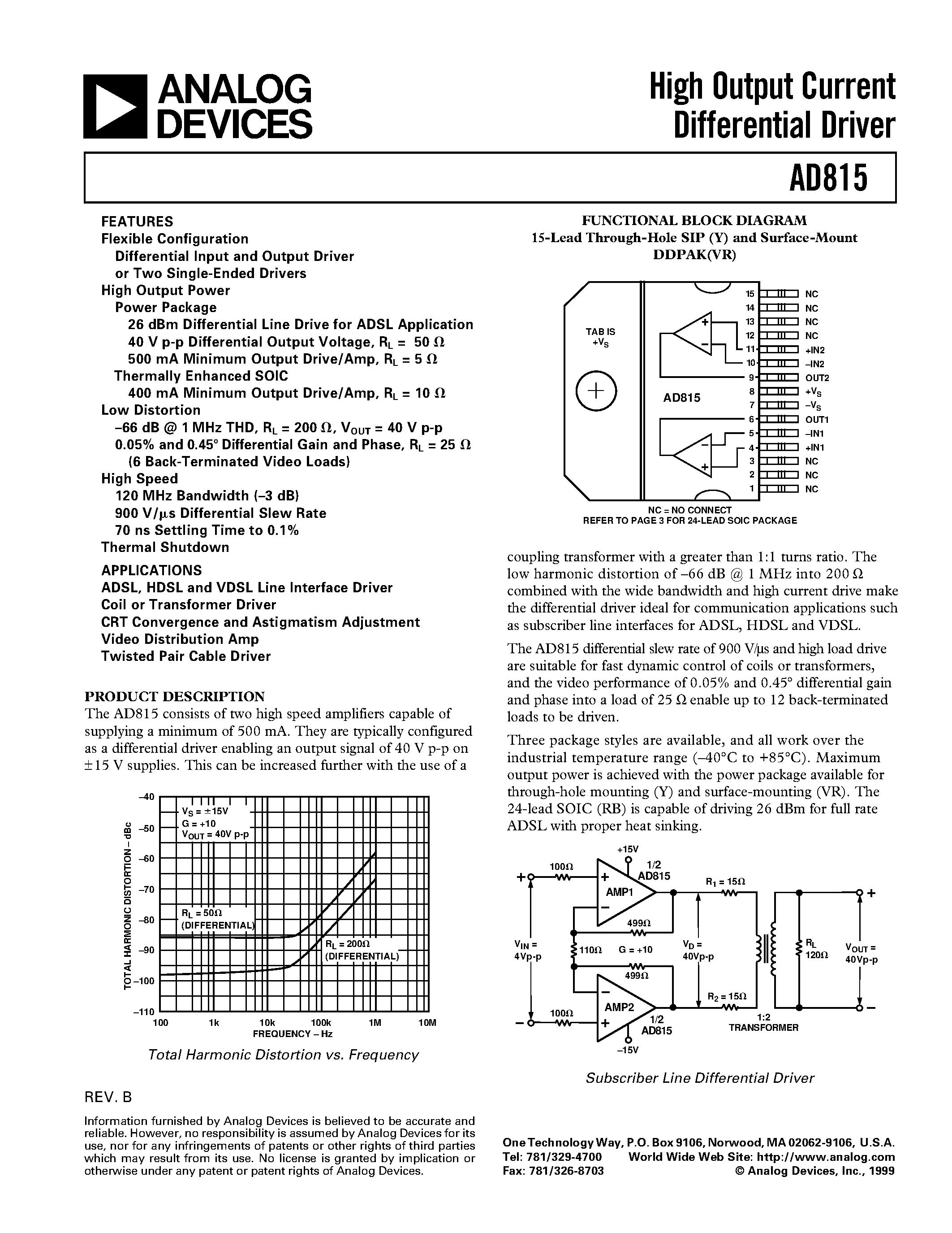 Datasheet AD815ARB-24 - High Output Current Differential Driver page 1